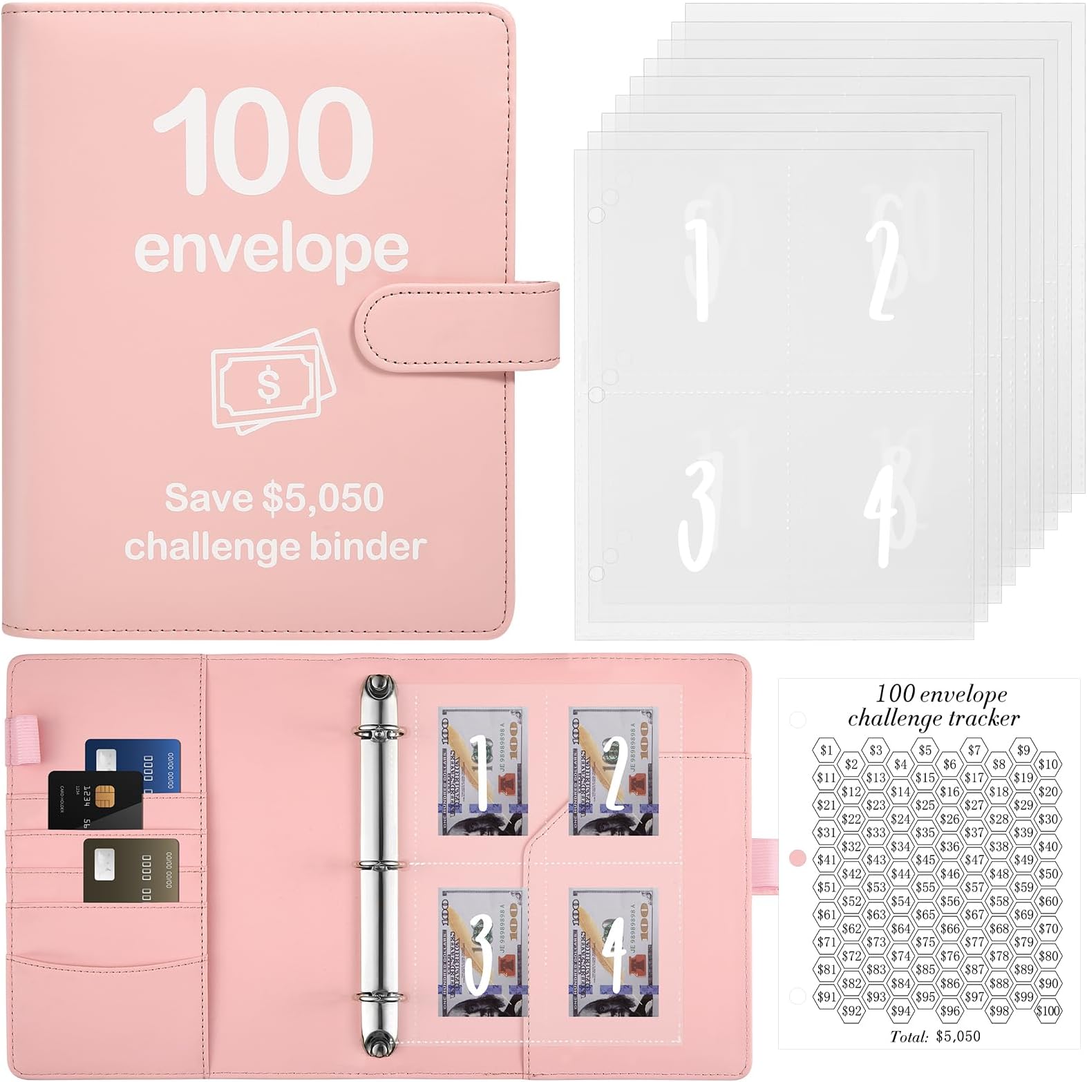 100 Envelope Challenge Binder,Easy and Fun Way to Save 5,050,Budget Binder Savings