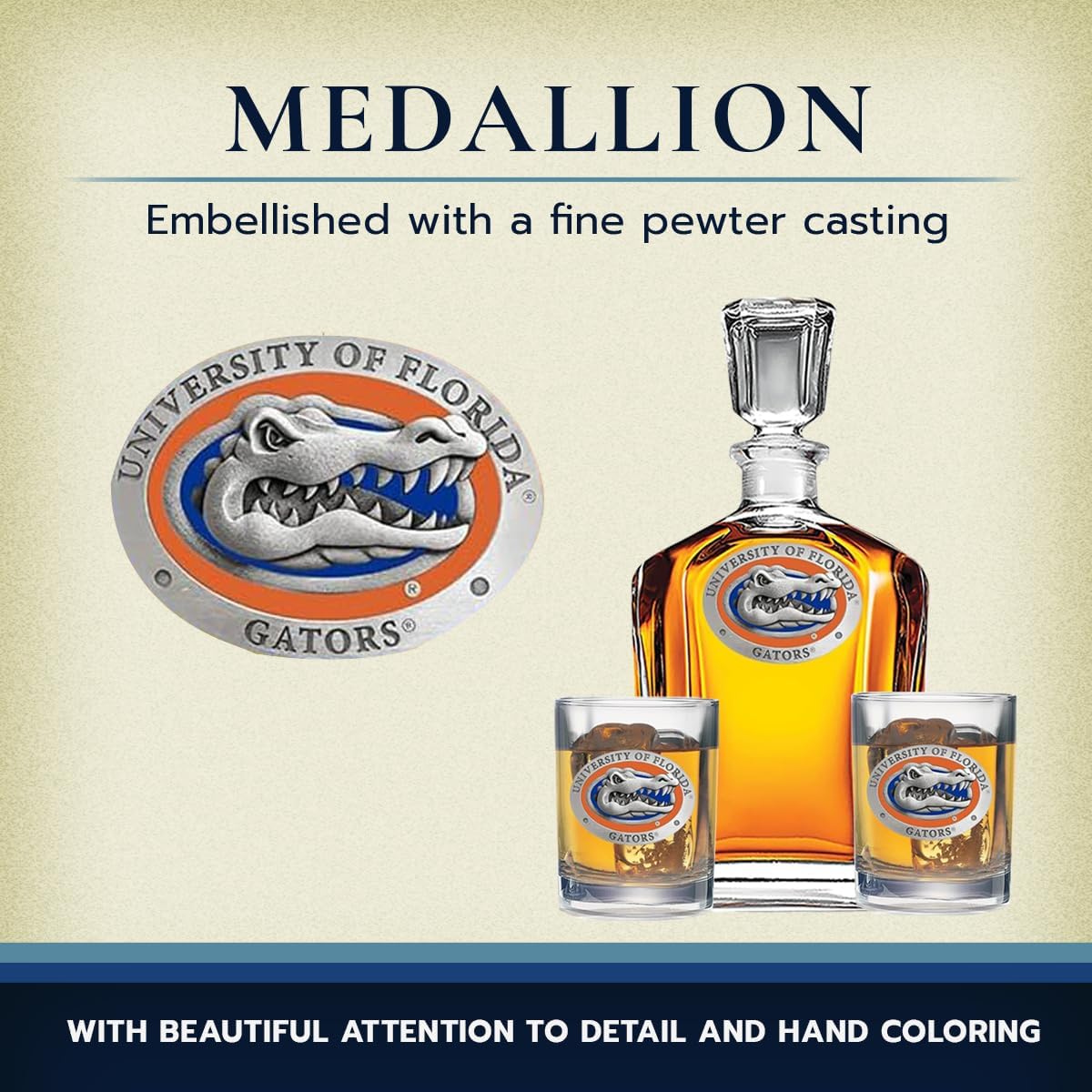 Florida Gators Decanter with 2 Glasses Combination Set | 24 OZ Pourer with 2 Double Old-Fashioned Glasses | Expertly Crafted Pewter Glass by Heritage Pewter