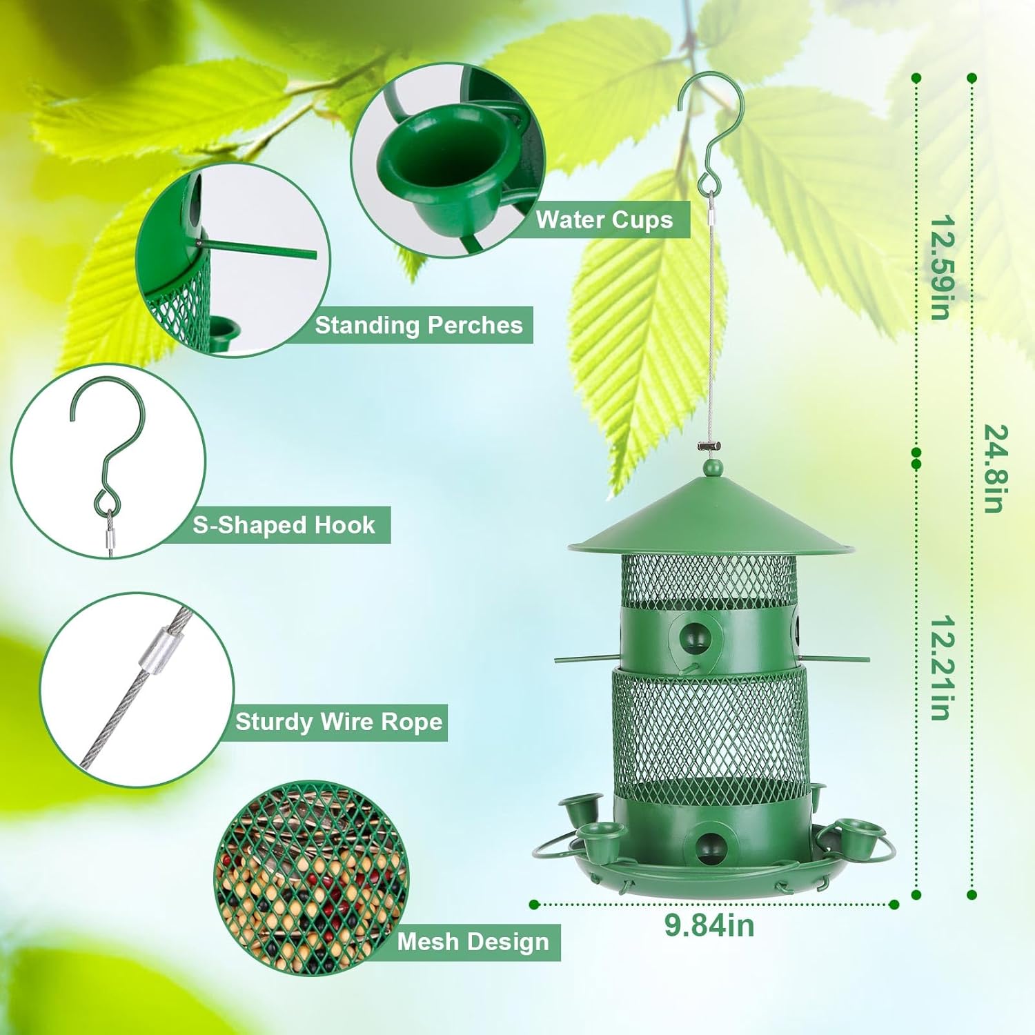 Bird Feeders for Outdoors Squirrel Proof, Bird Feeders Outside Hanging, Metal Mesh Birdfeeder with 360° Circular, Finch Feeder, Chew-Proof and Rust-Proof, 6 Port