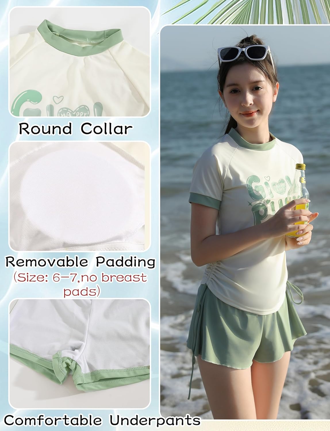 SEAUR Girls Short Sleeve Rash Guard with Beach Shorts Two Piece Swimsuits Kids Sun Protection Bathing Suits Sport Swimwear