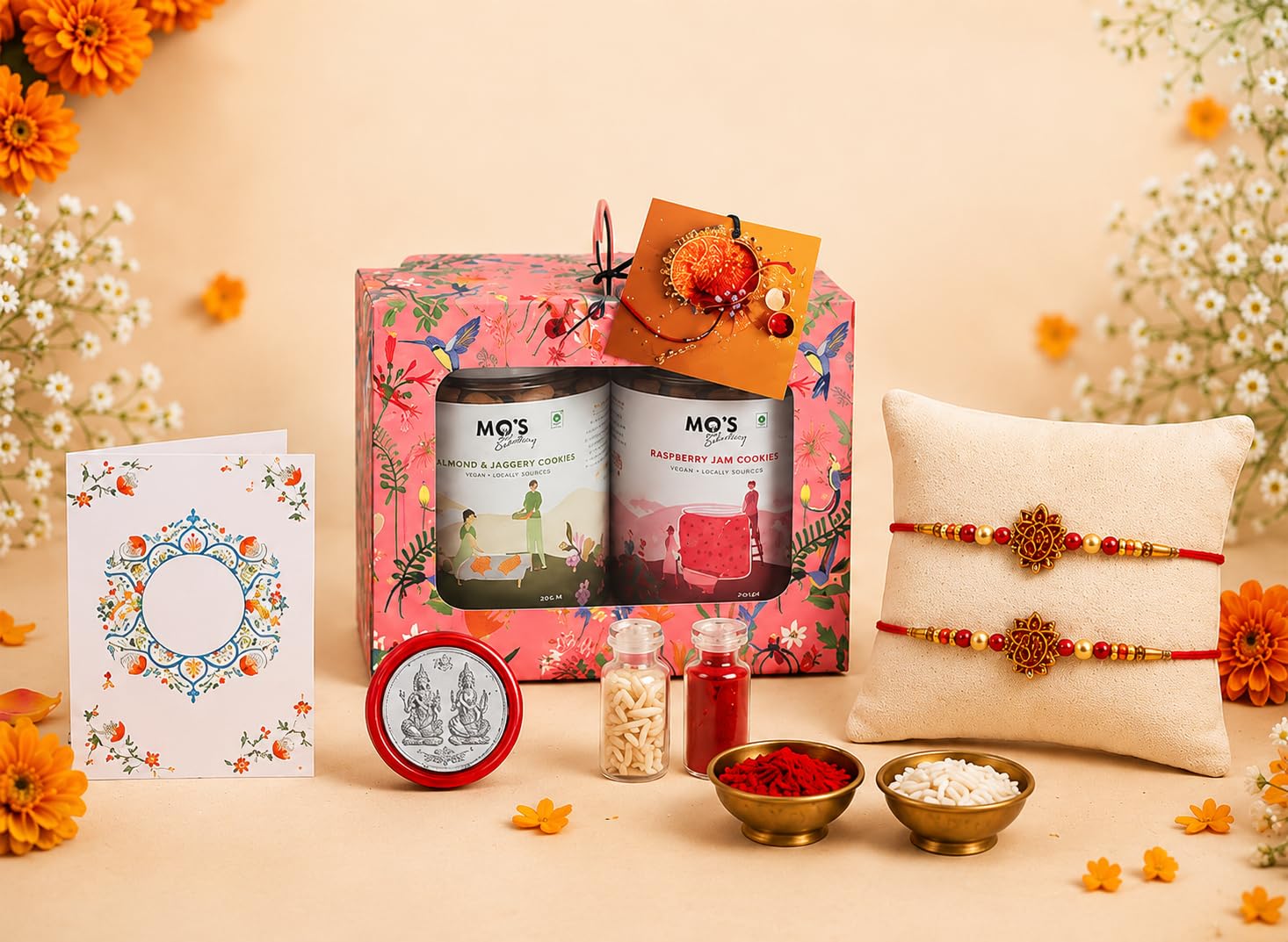 Mo’s Bakery Rakhi Pink Twin Cookie Box – Almond & Raspberry Flavour Cookies with Designer Rakhi Gift Box, Pooja Coin, Roli & Chawal | Unique Raksha Bandhan Gift for Brother 2025-image-48