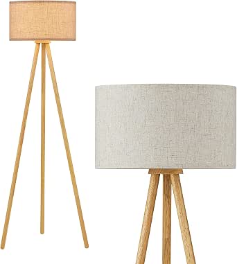 Wood Tripod Floor Lamp with 3-Color Temperature LED Bulb, Modern Wooden Standing Floor Lamp with Linen Shade for Living Room, Bedroom, Office