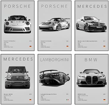 VOYANTE 6 Pcs Car Posters, Modern Racing Wall Art Prints, Cool Supercar Posters for Bedroom Boys Men, Home Decor, Living Room, Office, Dorm Man Cave 12x8 inch, Unframed