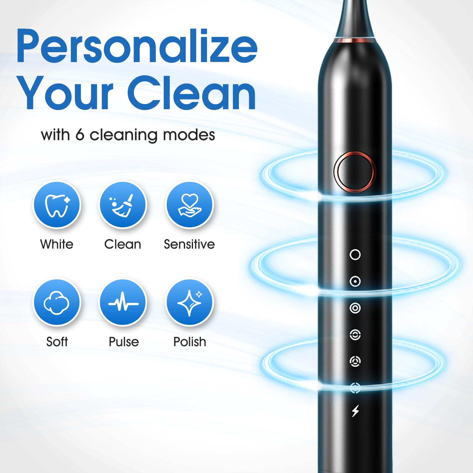 Electric Toothbrush, Sonic Type for Adults & Teens, 8 Brush Heads, Travel Case, 6 Modes, 40000 VPM Electric Motor, IPX7 Waterproof, 2 Minutes Timer, Wireless Charging, One Charge for 100 Days（Black）