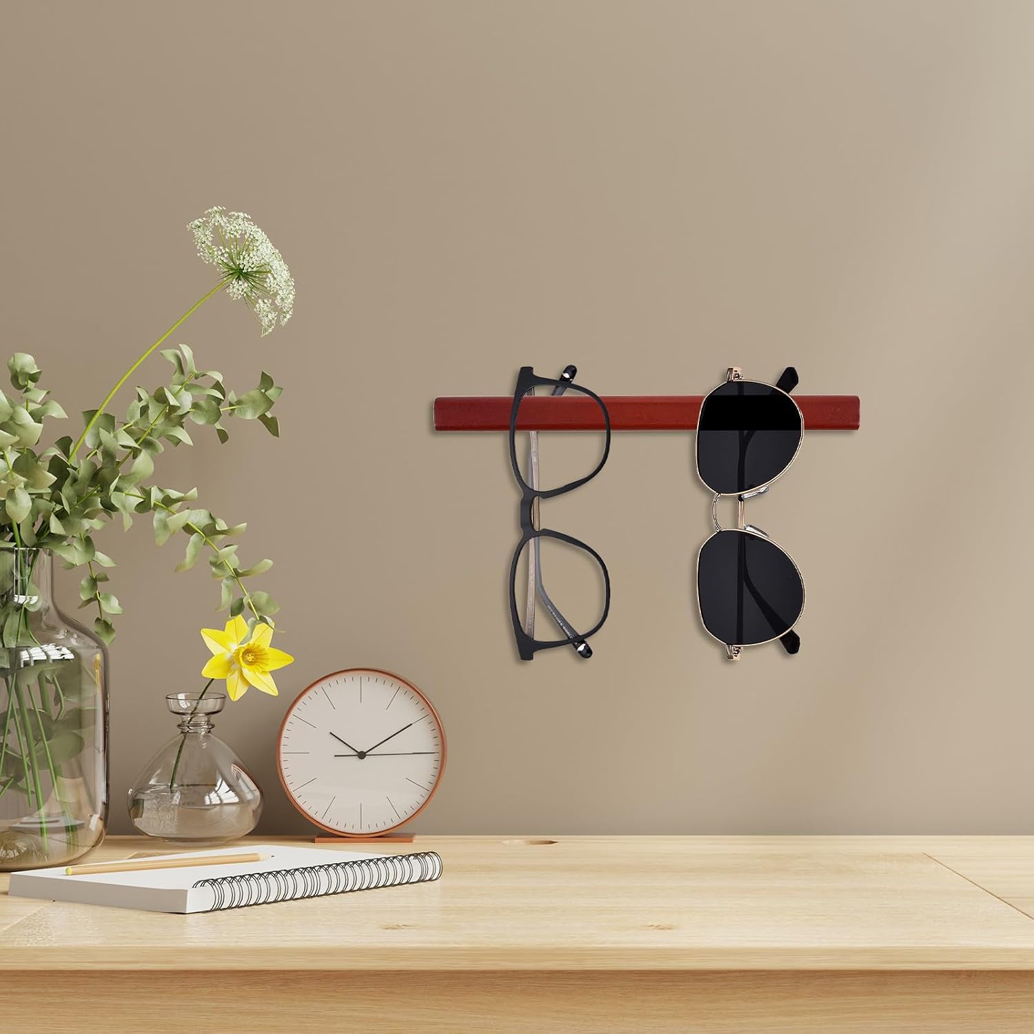 Sunglasses Wall Organizer: Wall Mounted Eyeglass Storage Organizer Rack - 28cm/11 Spectacle Glasses Holder for Organizing Eyewear in Bedroom, Or Dorm, Coffee