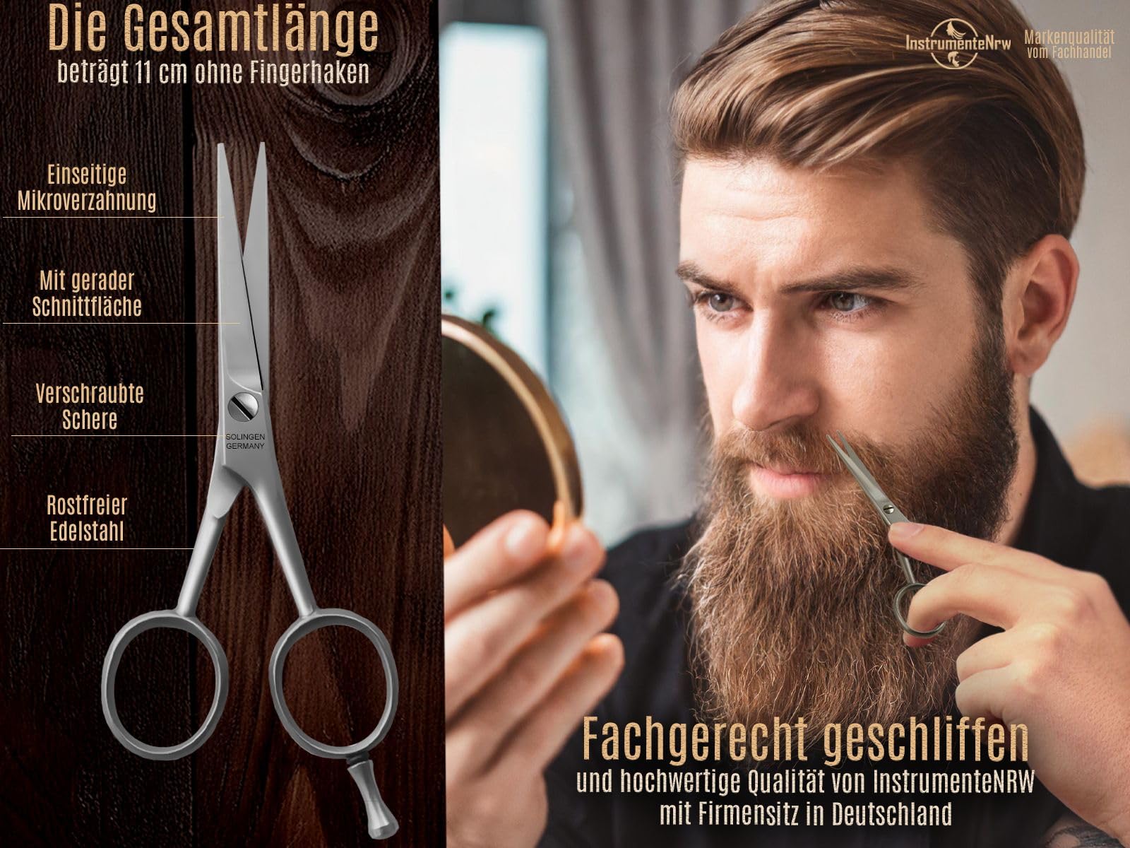 Bartschere aus Solingen Haarschere mit einseitiger Mikroverzahnung Made in Germany Nasenhaarschere Schnurrbartschere für die optimale Bartpflege zum Kürzen von Barthaaren, Nasenhaaren und Kopfhaaren