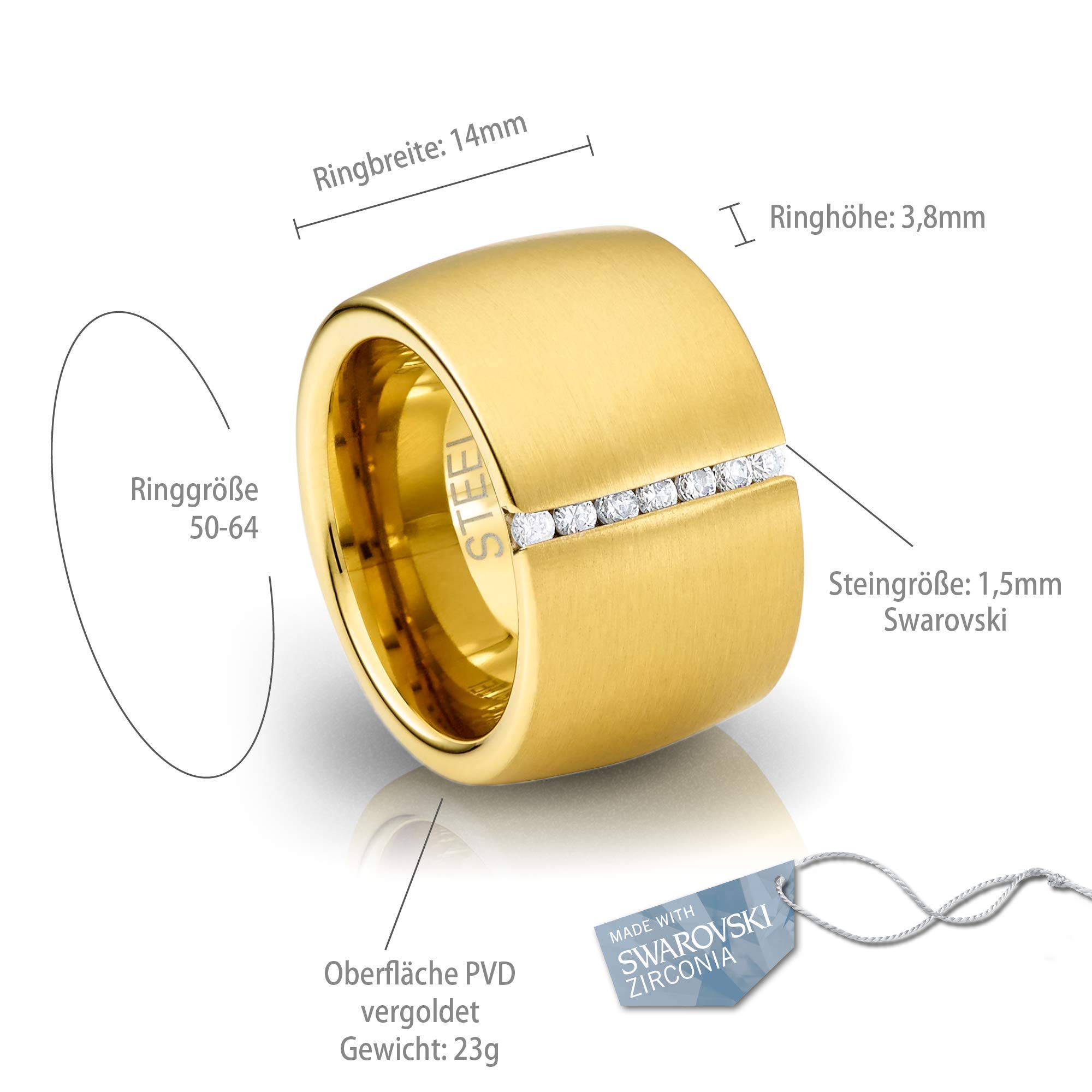 Heideman Ring Damen Lines Gold Edelstahl mit Zirkonia weiß matt | Lines Statement-Ring Gold, Edelstahl, funkelnde Zirkonia-Reihe, breiter Damenring, hautfreundlich & nickelfrei, Geschenk
