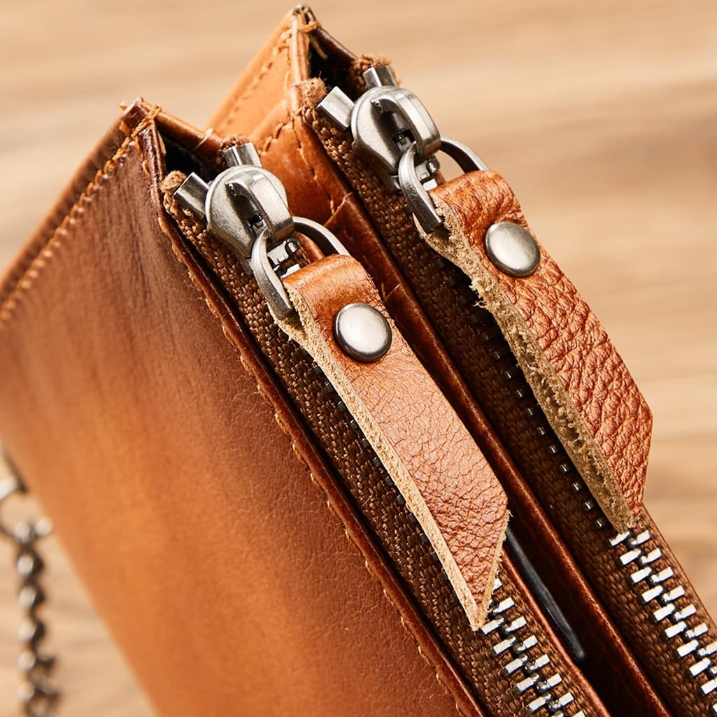 Wallet with Chain for Men Women Genuine Leather RFID Blocking Bi-Fold Wallet with Chain, Zip Coin Pocket, Credit Card Holder, Transparent ID Window for Driver License Biker Punk Hip Hop Style (Brown) - Image 5