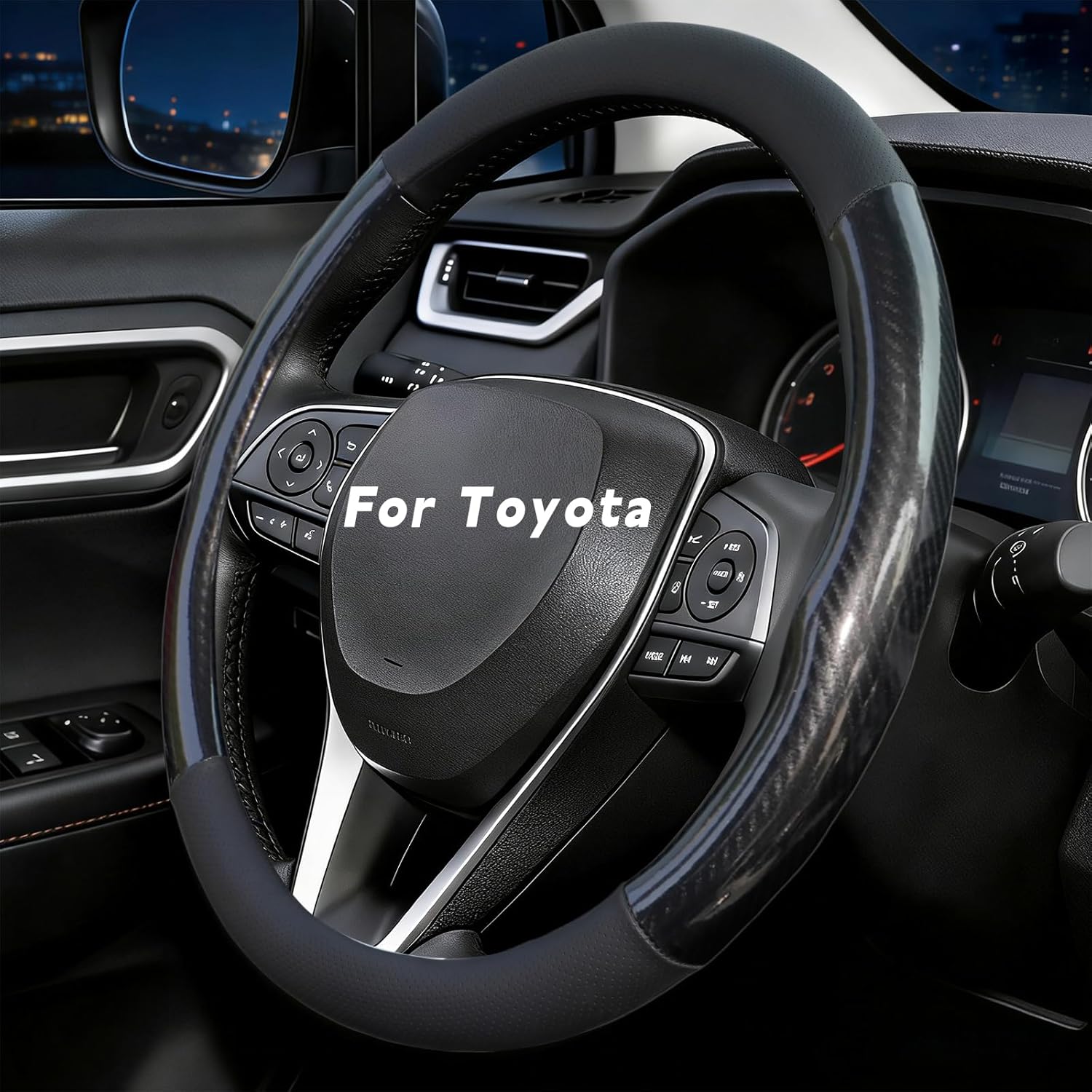 Steering Wheel Cover for Toyota Camry, Tacoma, RAV4, Corolla, Highlander, Sienna, Avalon, Prius, Standard Size 14.5-15" (Glossy Carbon Fiber)