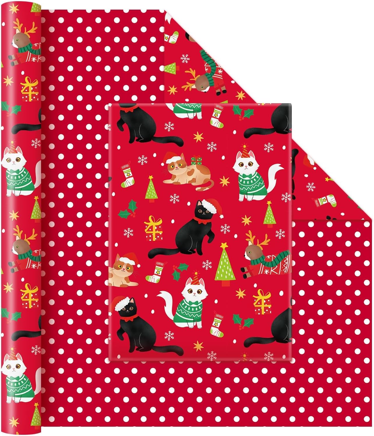 WERNNSAI Cat Christmas Wrapping Paper Jumbo Roll - 1 Roll 17” x 33 ft Cat Red Kids Christmas Wrapping Paper Birthday Party Gift Funny Christmas Wrap Decoration Polka Dot