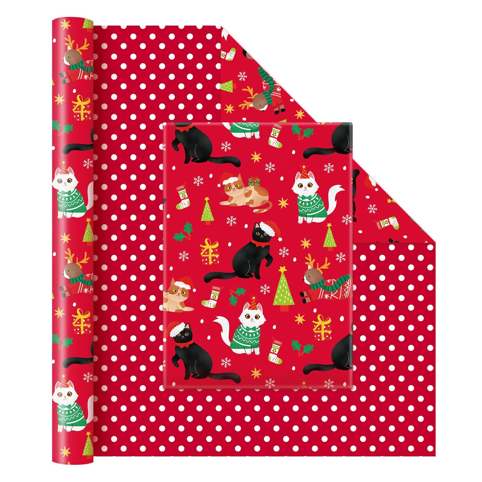 WERNNSAI Cat Christmas Wrapping Paper Jumbo Roll - 1 Roll 17” x 33 ft Cat Red Kids Christmas Wrapping Paper Birthday Party Gift Funny Christmas Wrap Decoration Polka Dot