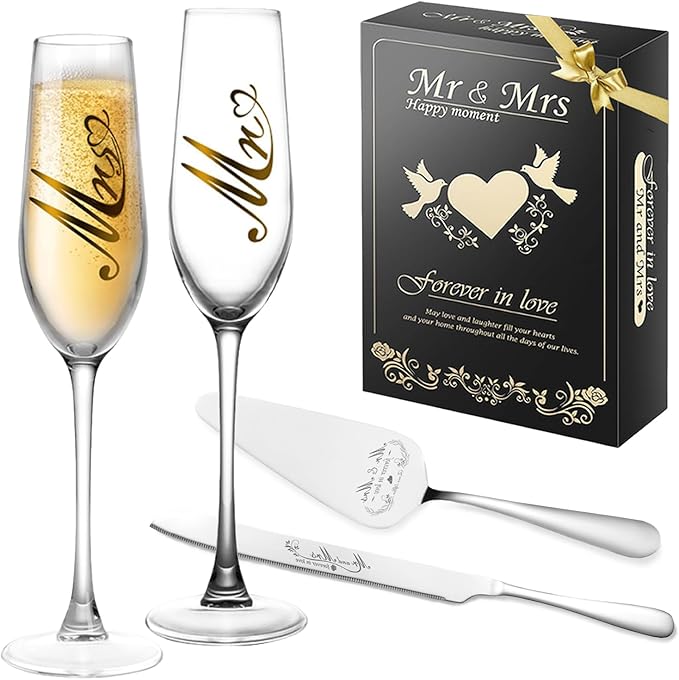 Mr and Mrs Champagne Flutes, Bride and Groom Champagne Glasses, Wedding Cake Knife and Server Set, Cake Cutting Set for Wedding, Bridal Shower Gifts, Engagement Gifts for Couples (Silver, Set of 4)