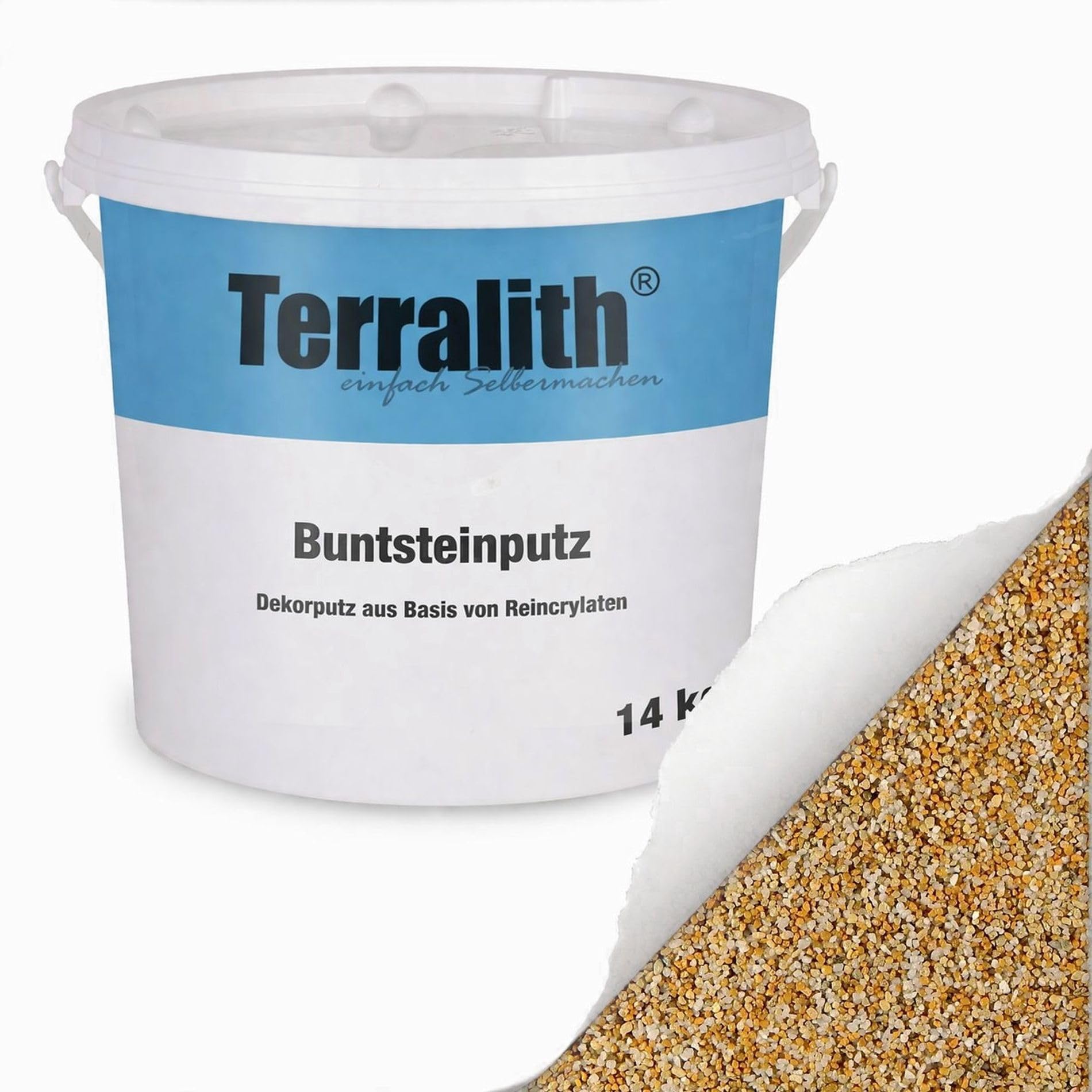Terralith Buntsteinputz 14kg in gelb-beige, Sockelputz für Innen und Außen mit Reinacrylat Bindemittel aus Naturstein, 1-2mm Körnung (BSP12)