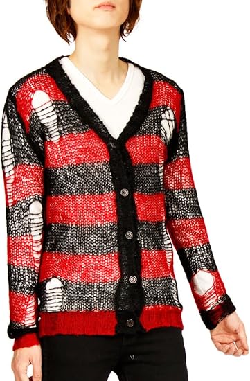 Amazon カーディガン メンズ ボーダー グランジ ダメージ加工 モヘアニット F レッド カーディガン 通販