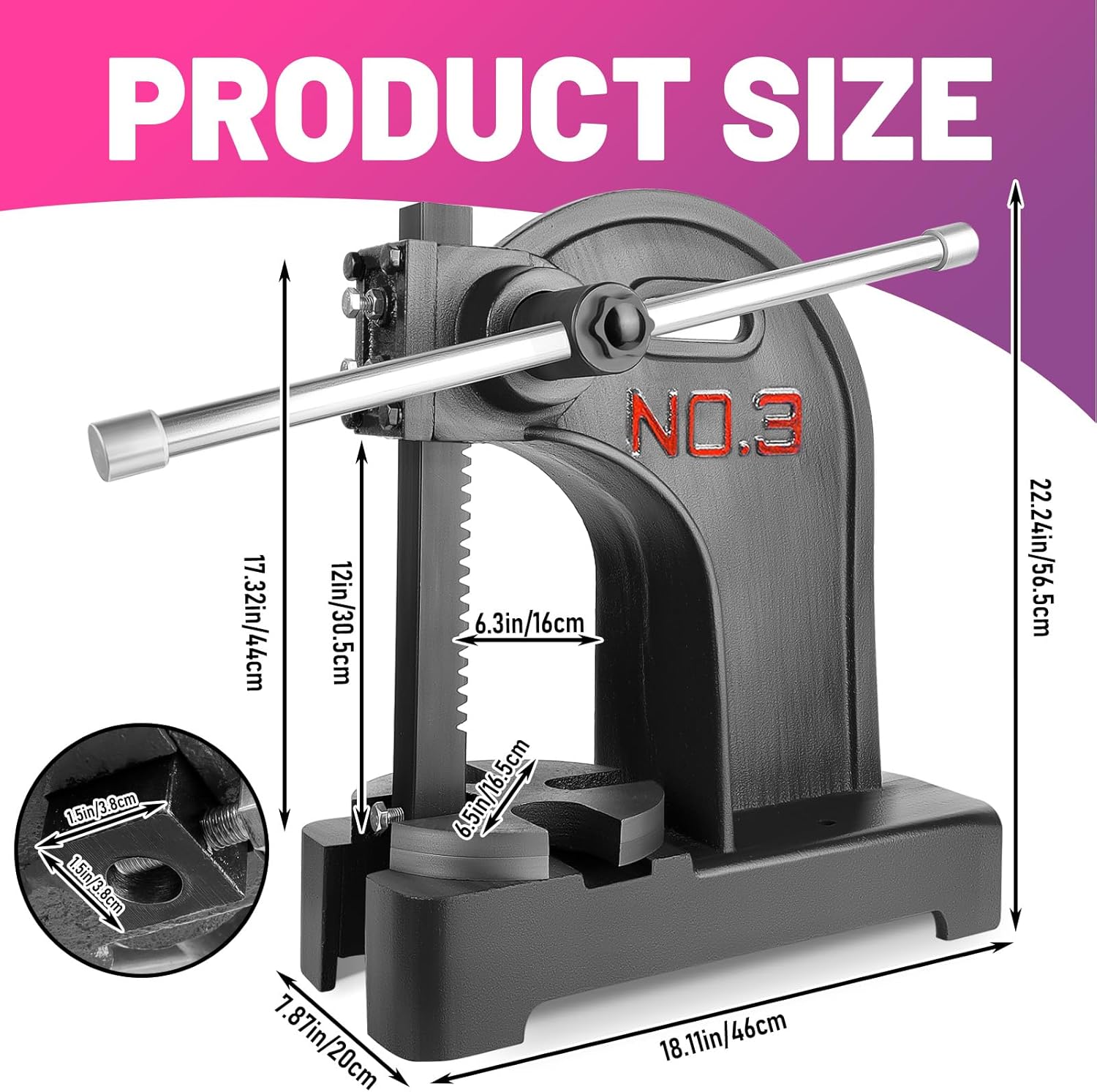 3 Ton Arbor Press with 3 Drift, 12″H Heavy Duty Manual Desktop Arbor Press, Cast Iron Workshop Hand Press, Manual Bench Press for Deforming, Cutting and Punching (Black, 3T)