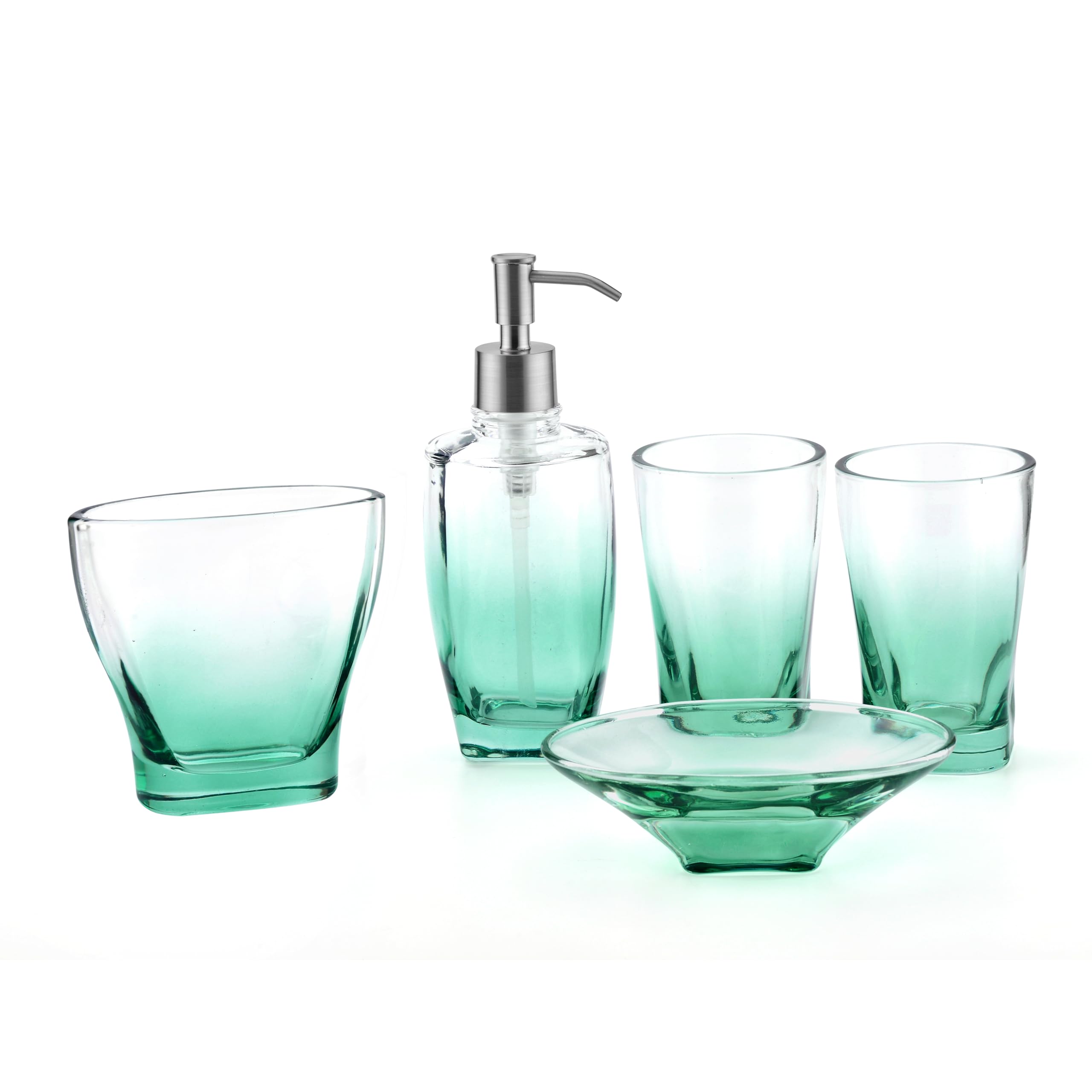 Bathroom Accessory Set Green, Lead-Free Glass 5-Piece Bath Ensemble Gift Includes Soap Dispenser, Toothbrush Holder, Tumbler Cup, Soap Dish for Home Kitchen Hotel