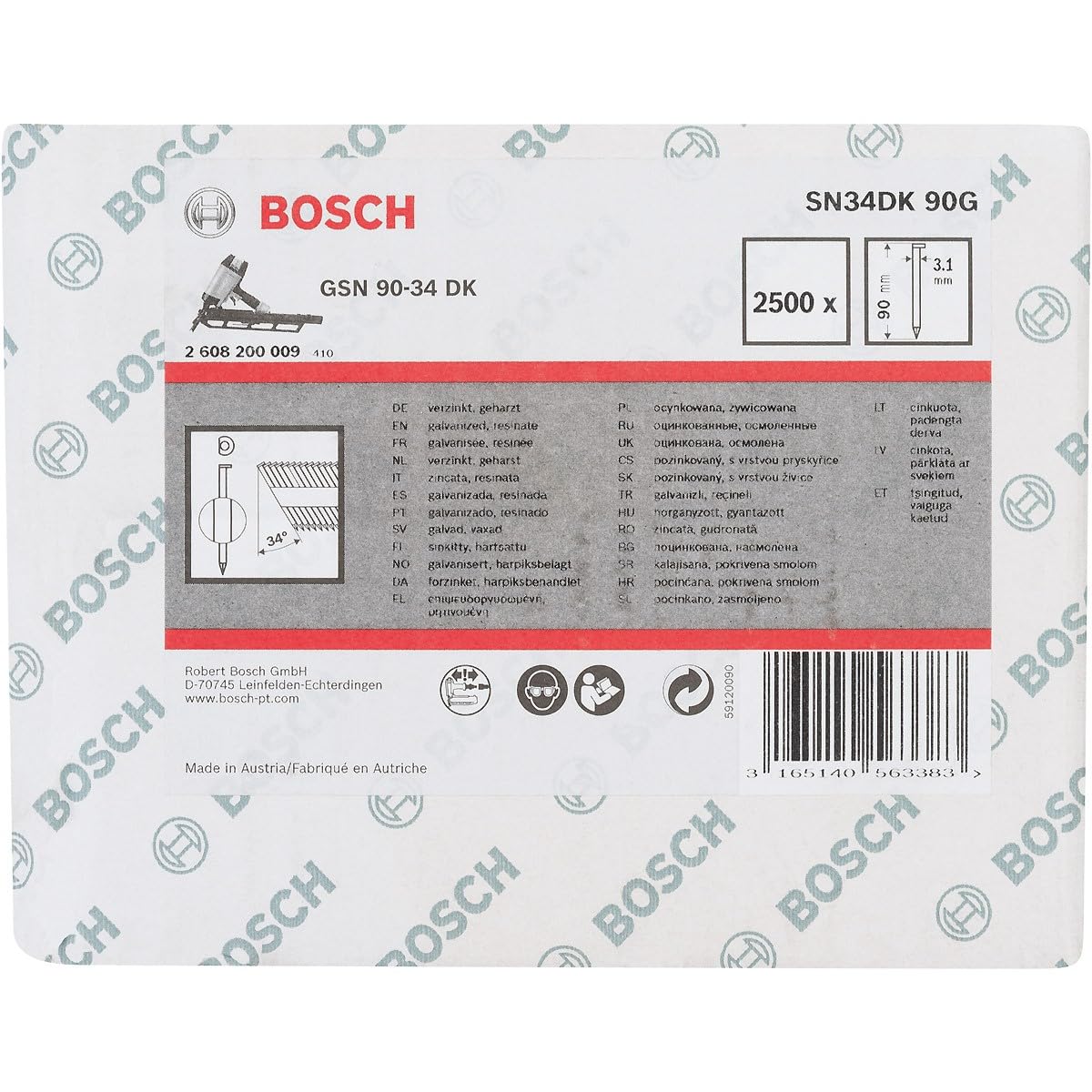 Bosch 2500x Clous en bande PRO SN34CH, tête coupée 34° (Longueur 90 mm,)