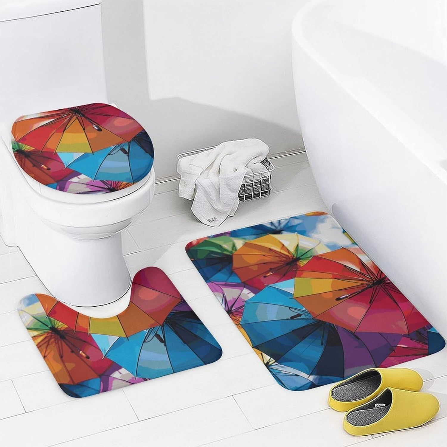 4 Piece Bathroom Rug Set with Shower Curtain, Non-Slip Bath Mat Toilet Cover Set, Colorful Umbrella Bathroom Rug Sets