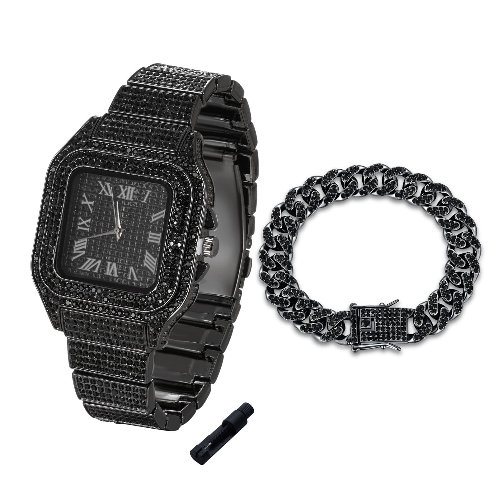 Halukakah Diamonds Watch Iced Out - Reloj para niños y adolescentes, chapado en oro real de 18 quilates, platino, rodio negro, esfera cuadrada de 40 mm, cuarzo japonés, 8 pulgadas de longitud