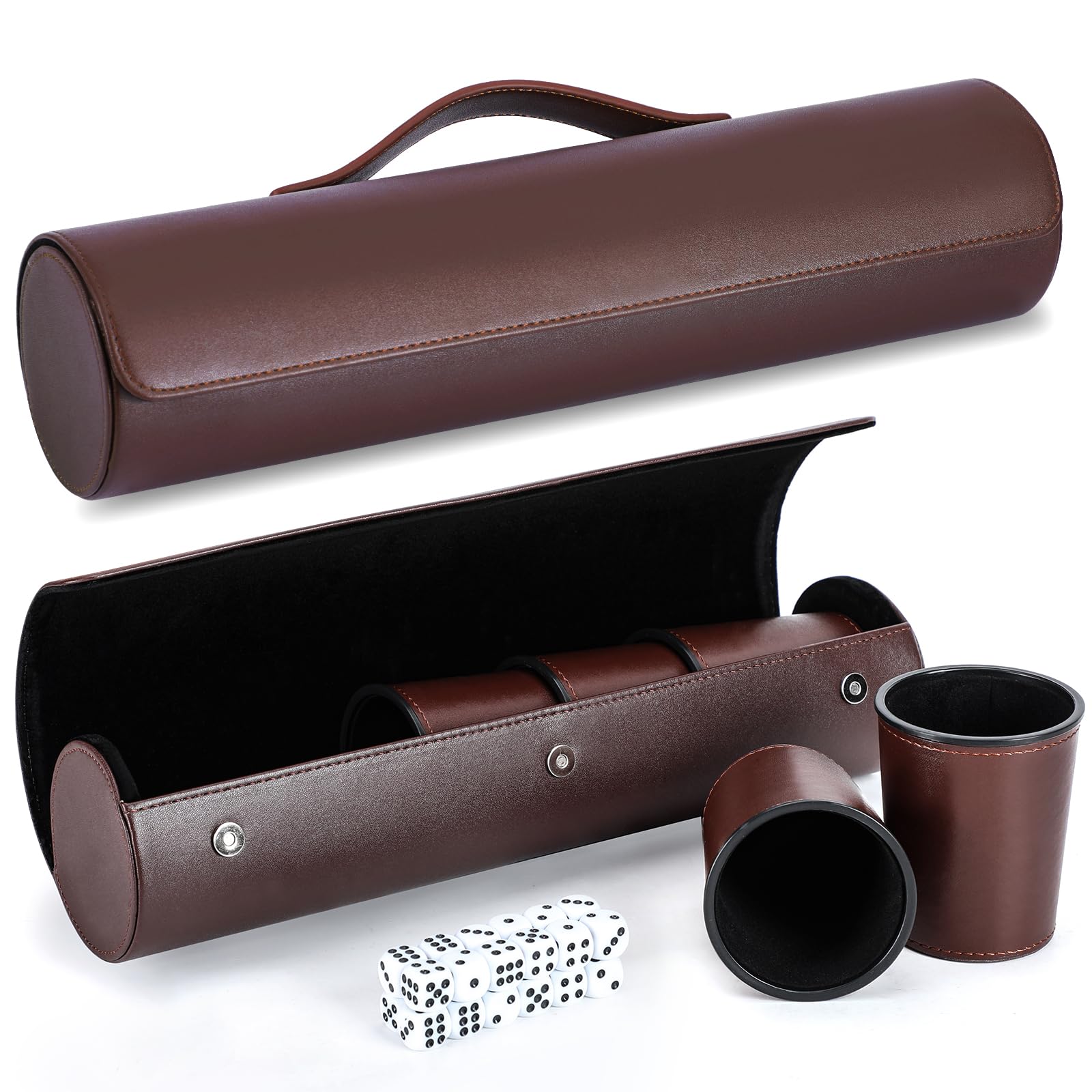 ImnBest Juego de dados de cuero, 10 vasos de dados de cuero + 50 dados + funda exclusiva de almacenamiento y transporte de piel sintética con cierre magnético (paquete de 2, marrón)