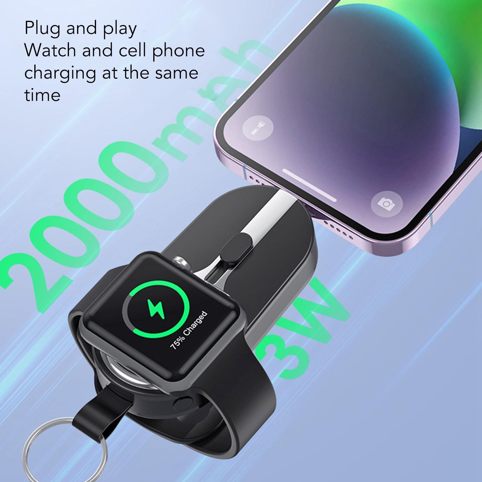 Mini Banque d'alimentation de Chargeur d'urgence 2 en 1 de Type C, Banque de Batterie de Téléphone 2000 MAh avec Porte-clés, Banque de Batterie de Charge de Type C pour Montre