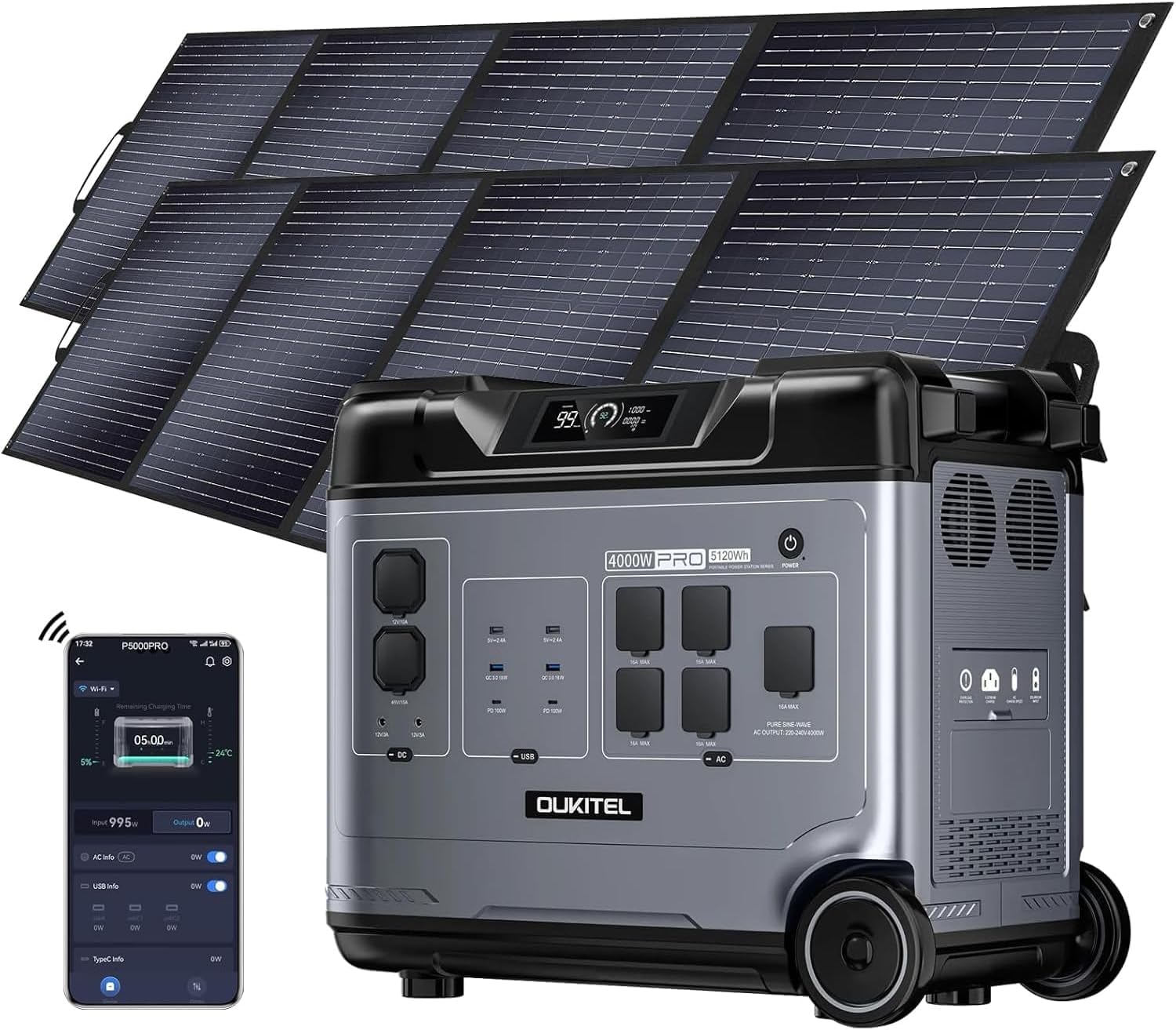 OUKITEL P5000 Pro Estacion de Energia Portatil 4000W con 2 Panel de 200W, 5120Wh Generador Solar, Batería LiFePO4, 15 Porte, Power Station para Camping, Caravana y Emergencias