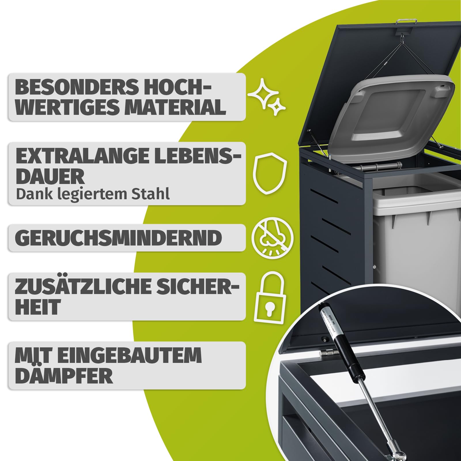 HORI Mülltonnenbox, Tonnenbox, Abfallschrank, witterungsbeständig, abschließbar, Pflanzdach wählbar, für 2 Tonne Farbe: Anthrazit mit Rillen