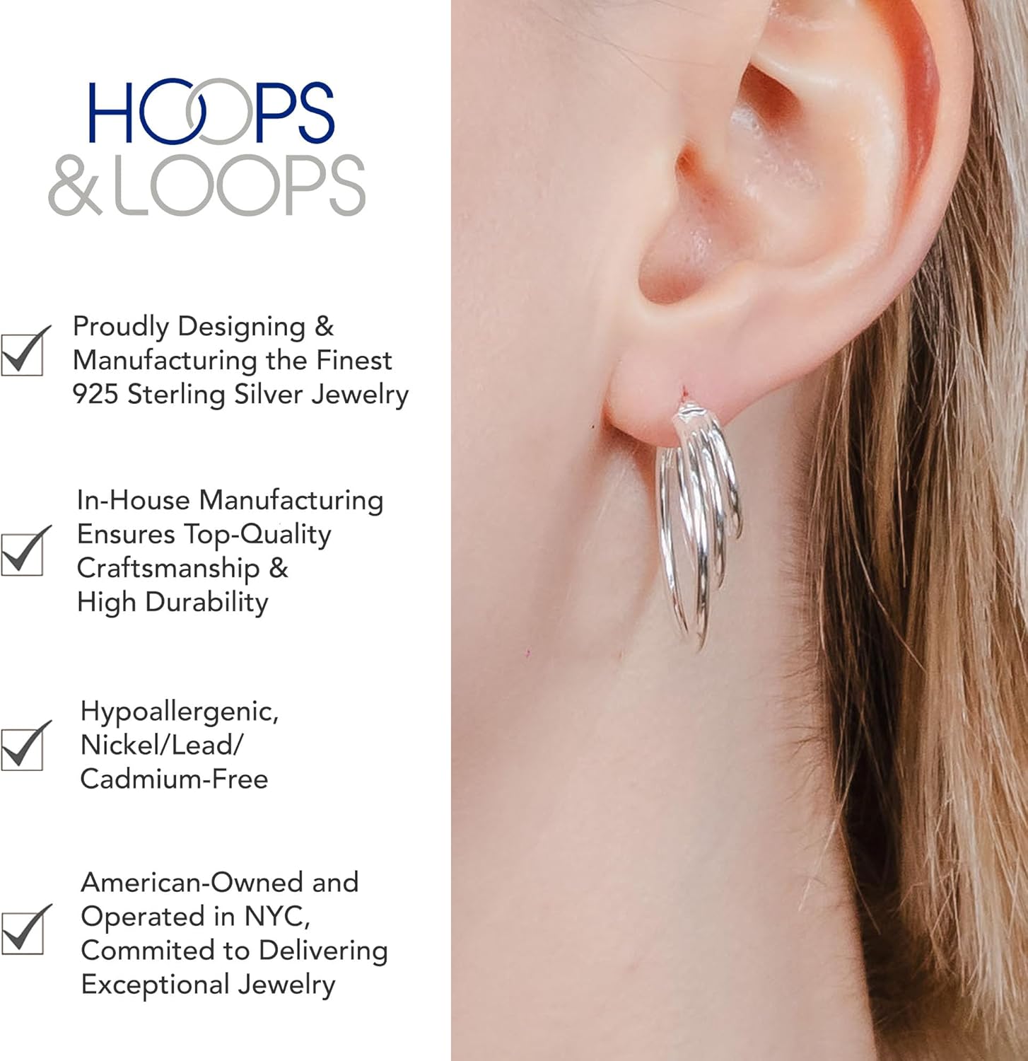 Hoops & Loops 925 Sterling Silver Triple Hoop Earrings for Women, Layered Stacked Trendy Round-Tube High Polished Hoops, Two-Tone 14K Gold, Rose Gold Flash Plated 20mm, 25mm, 30mm, 35mm - Image 3