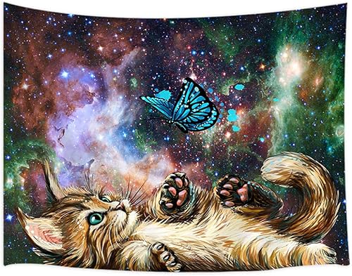 JAWO Tapiz de pared de gato, divertido gatito jugando con mariposa, cielo estrellado, nebulosa, galaxia, obra de arte, Vía Láctea, tapiz