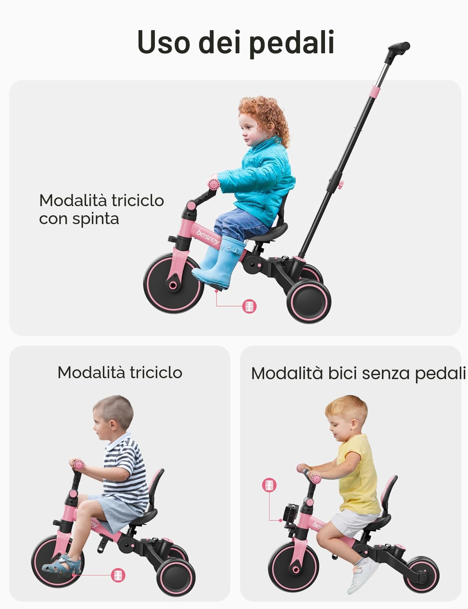 besrey Triciclo per Bambini 4 in 1, Bici senza Pedali per bambine e bambini da 1 a 3 anni, Triciclo con Maniglia di Spinta, Schienale e Cintura di Sicurezza, Rosa
