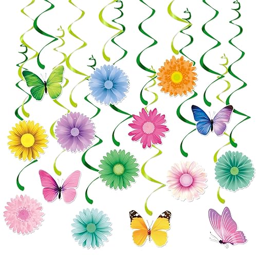 Pastel Rainbow Easter Party-Decorations Supplies - 15pcs Spring Flowers Butterflies