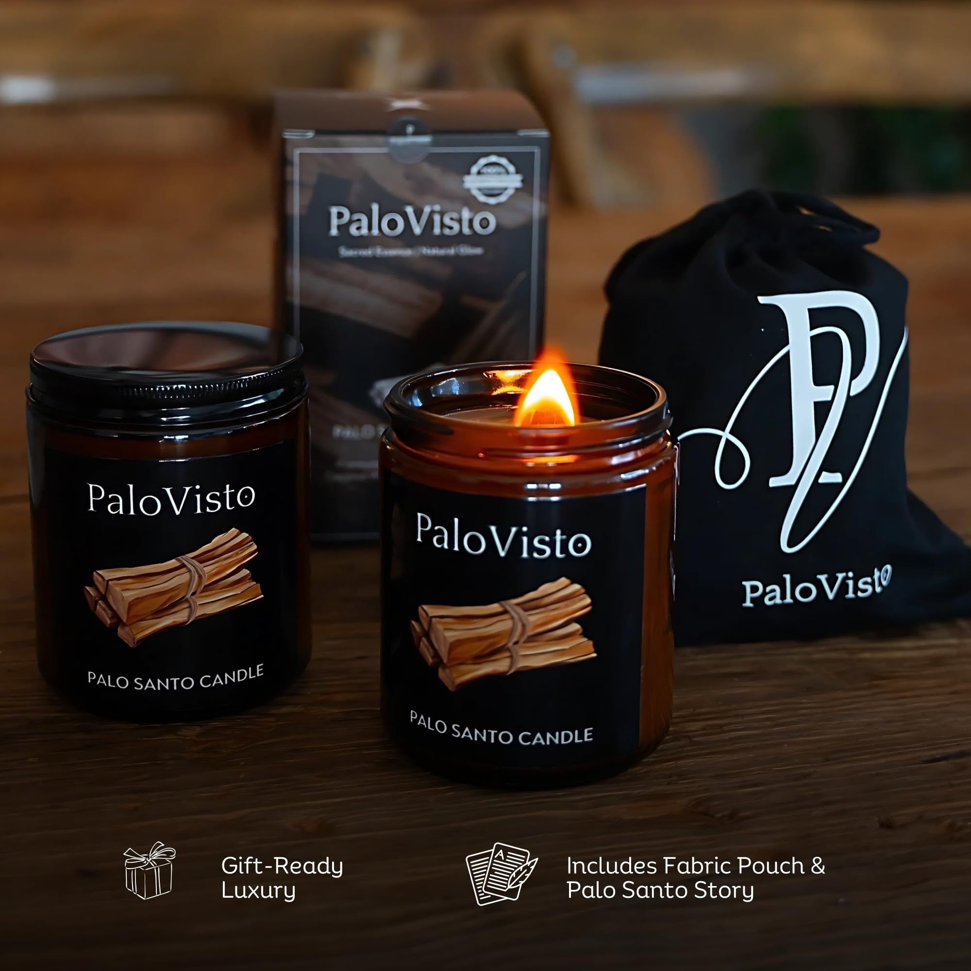 Palo Santo Premium-Kokosnusswachskerze, 237 ml, 60 Stunden Brenndauer, knisternder Holzdocht, handgefertigtes Geschenk, paraffinfreie Luxus-Aromatherapie für Zuhause und Wellness
