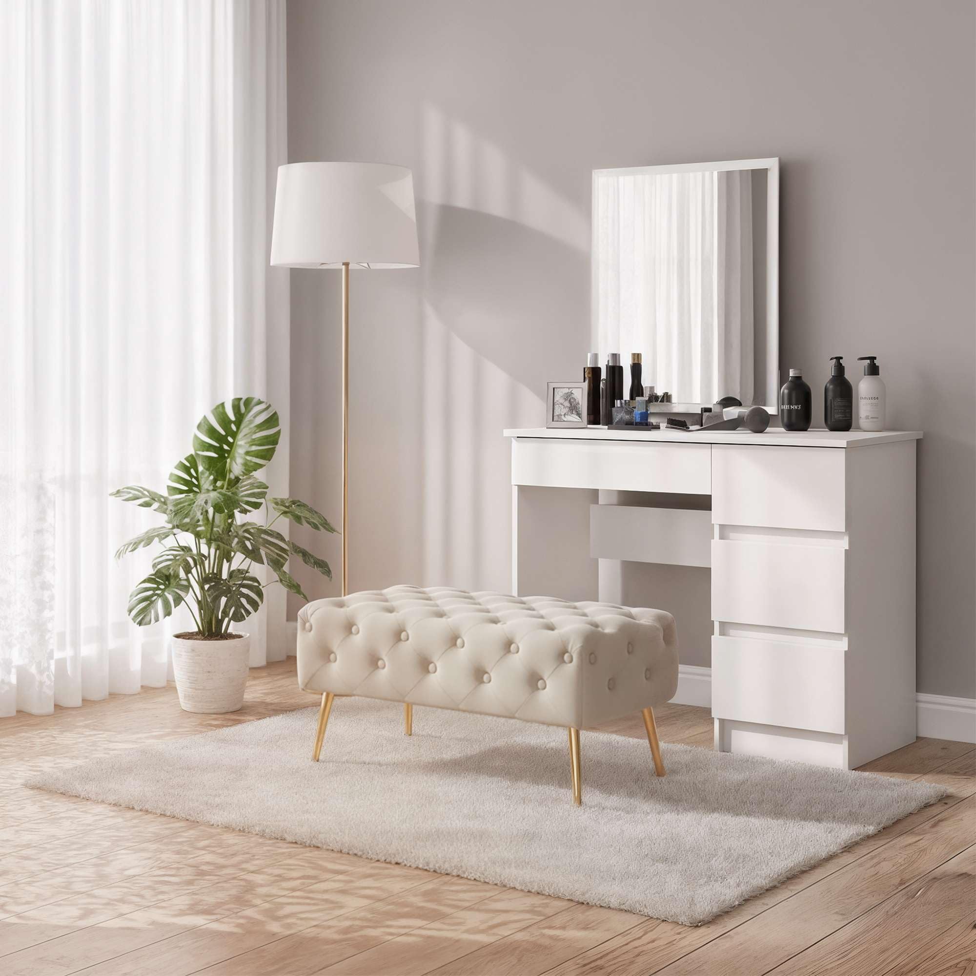 AKORD Banc Banquette en Velours Capitonné Madrid 80 cm, Bout de lit Capitonnée, Piètement Métal Doré, Repose-Pieds, 80 x 41 x 42 cm, pour Entrée Salon Chambre à Coucher, Beige