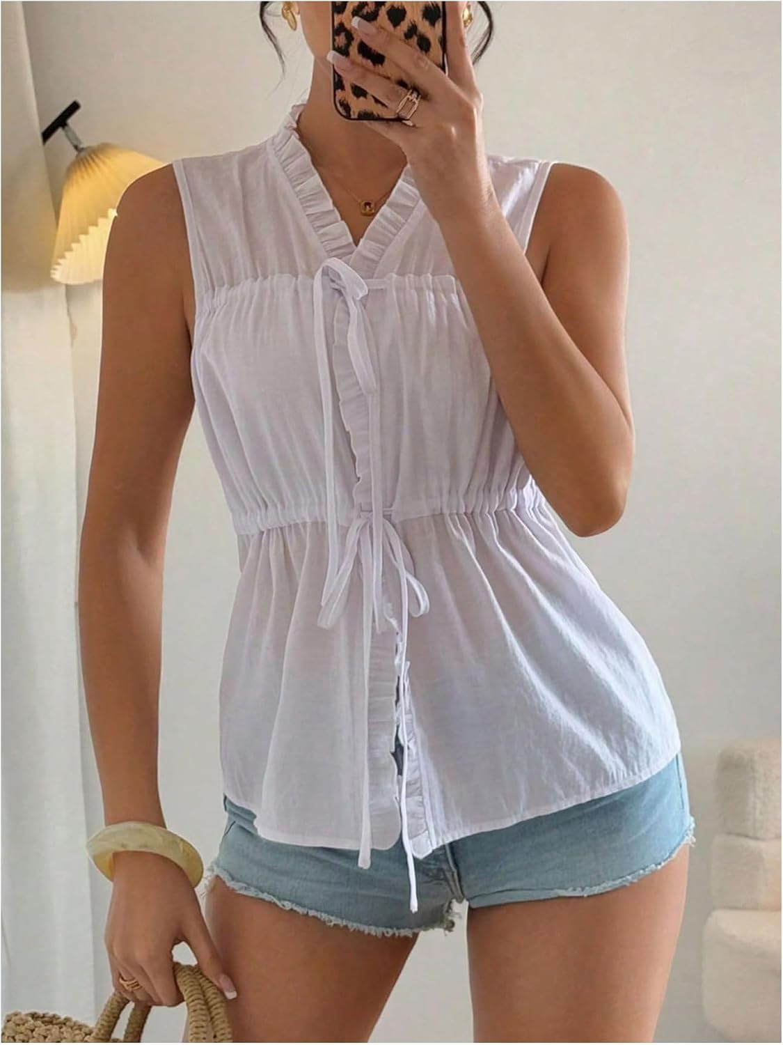 SweatyRocks Women's Summer Bow Tie Front Sleeveless Top Frilled V Neck Peplum Blouse Tank Tops - Image 5