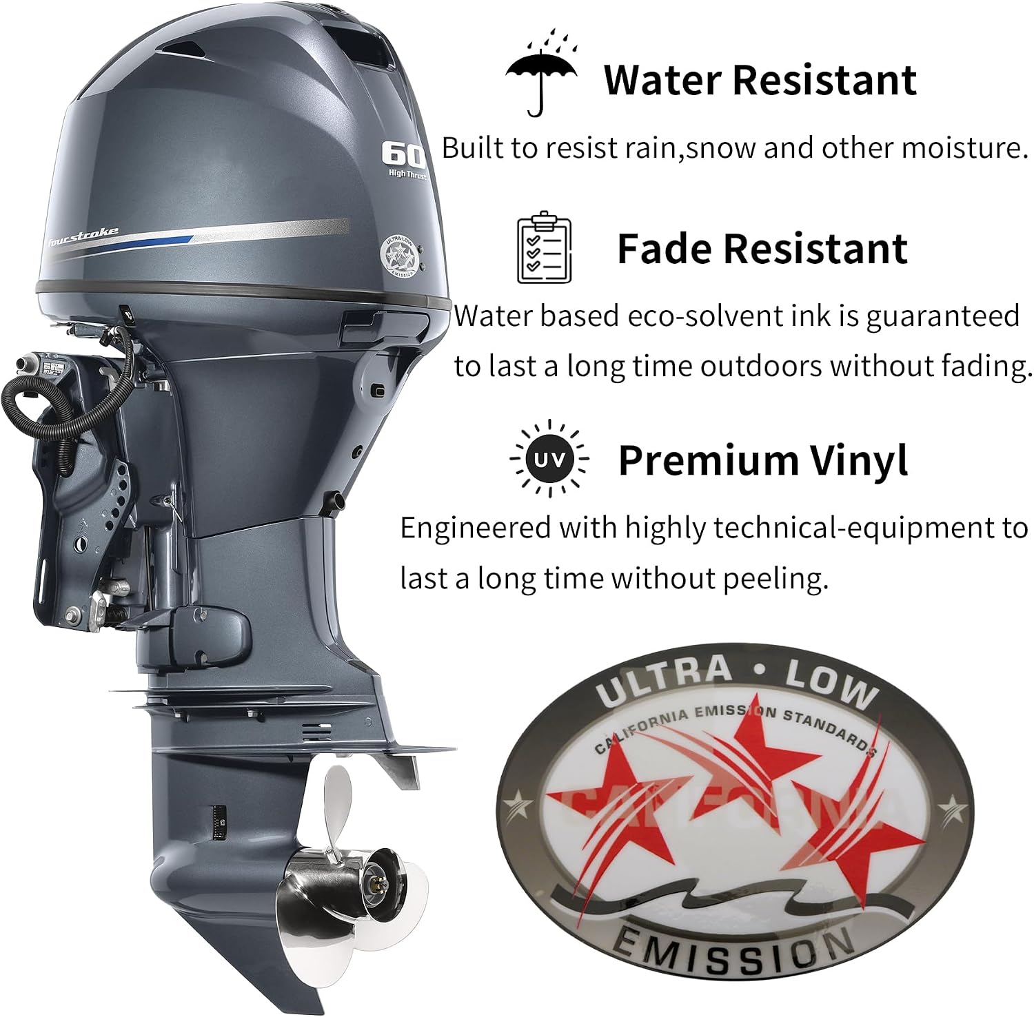2 Pcs Marine Ultra Low Emission 3 Star Decal Stickers for Boat Outboard Motors Silver