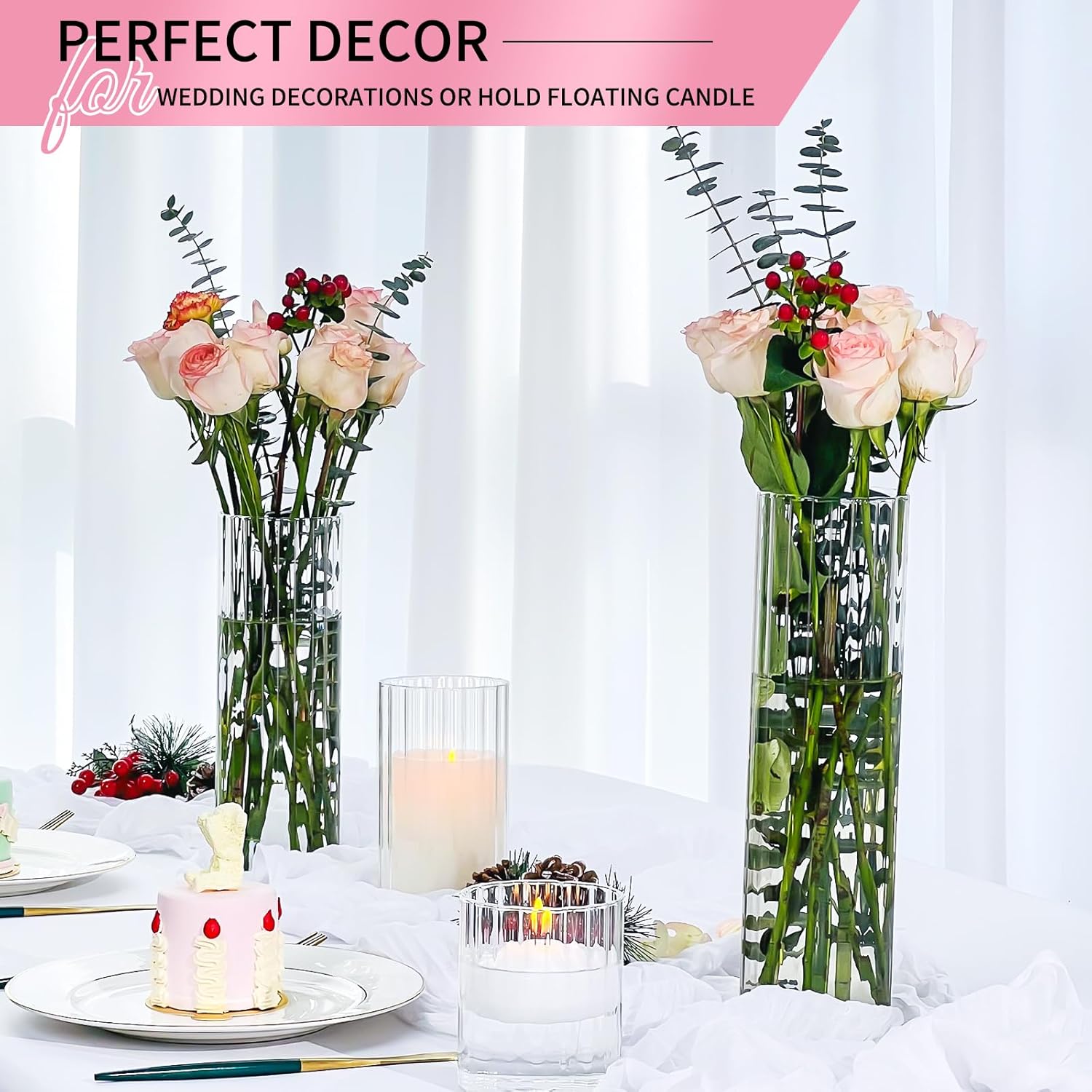 6 Pcs Glass Cylinder Vases, 12 Inch Tall Clear Ribbed Glass Vases for Centerpieces, Flower Vases for Wedding Decoration, Hurricane Floating Candle Holder for Table Shelf Party Home Decor