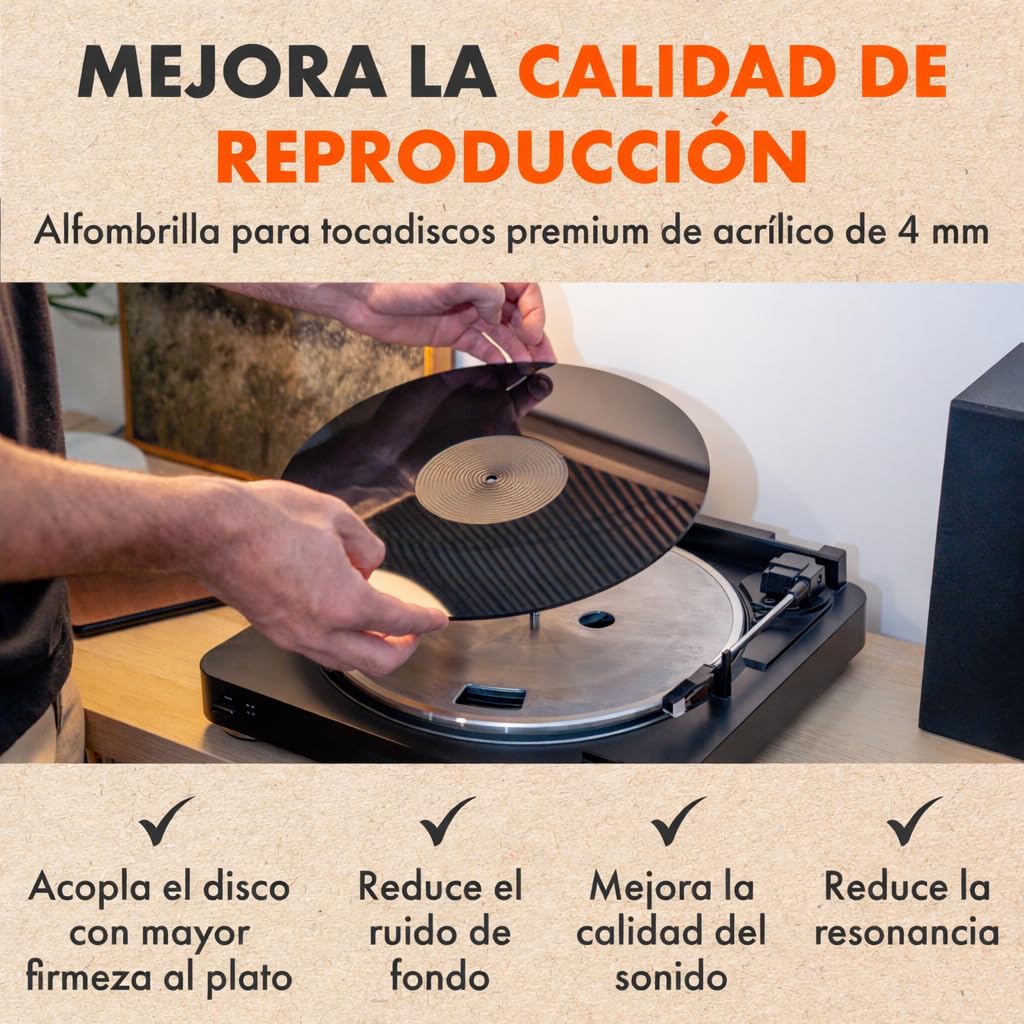 Alfombrilla acrílica negra para tocadiscos | SPINCARE Premium 4 mm Slipmat Vinilo | Esterilla de 12" | Mejora el sonido del vinilo | Alfombrilla Tocadiscos Hi-Fi