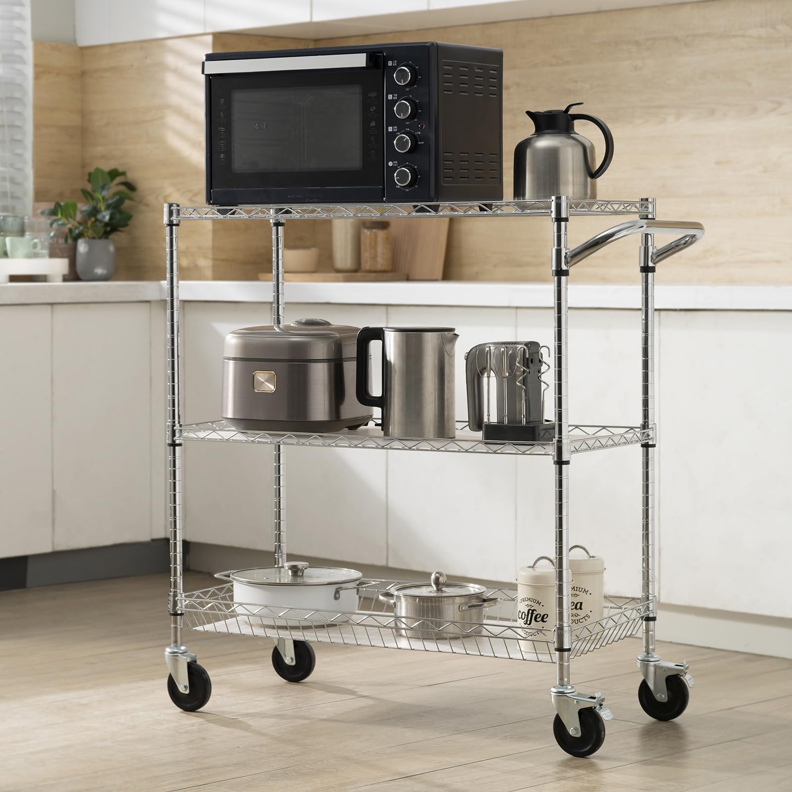VEVOR Carrello da Cucina, 3 Livelli Carrello da Laboratorio con capacità di 300 kg, Carrello di Servizio Telaio Cromato, Carrello Portaoggetti, Carrello di Trasporto 6 Ganci, per Uso Interno Esterno