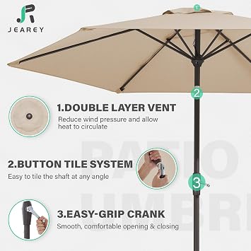 JEAREY 7.5 ft Outdoor Patio Umbrella, Table Umbrella, Beige | 6 Sturdy Ribs, Tilt & Crank lift, Vented Canopy, Ideal for Garden, Deck, Backyard, Pool & Beach