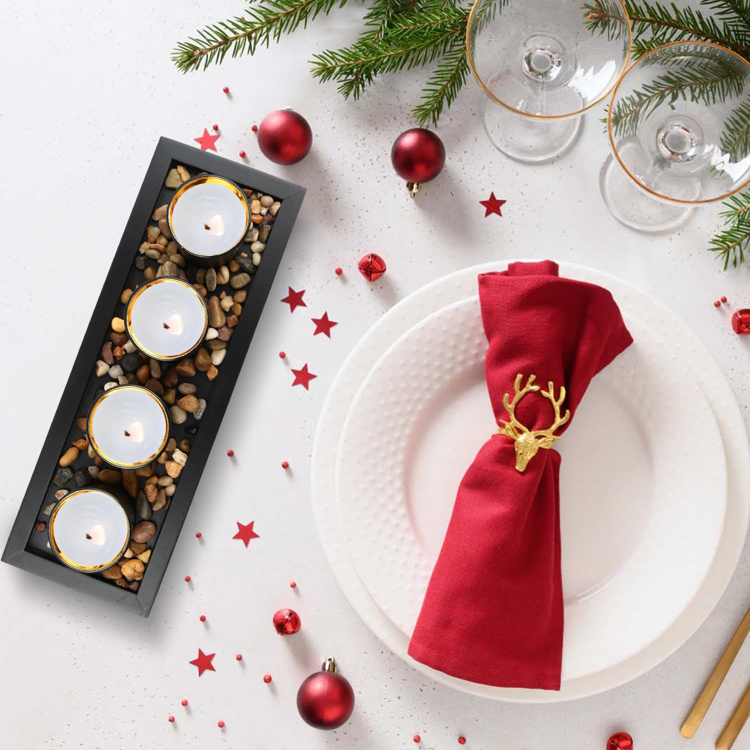 Set portacandele, Portacandele con 4 Bicchieri in Vetro, Vassoio in Legno, Pietre Deco, Portalumini Decorazione per Matrimonio, Compleanno, Natale