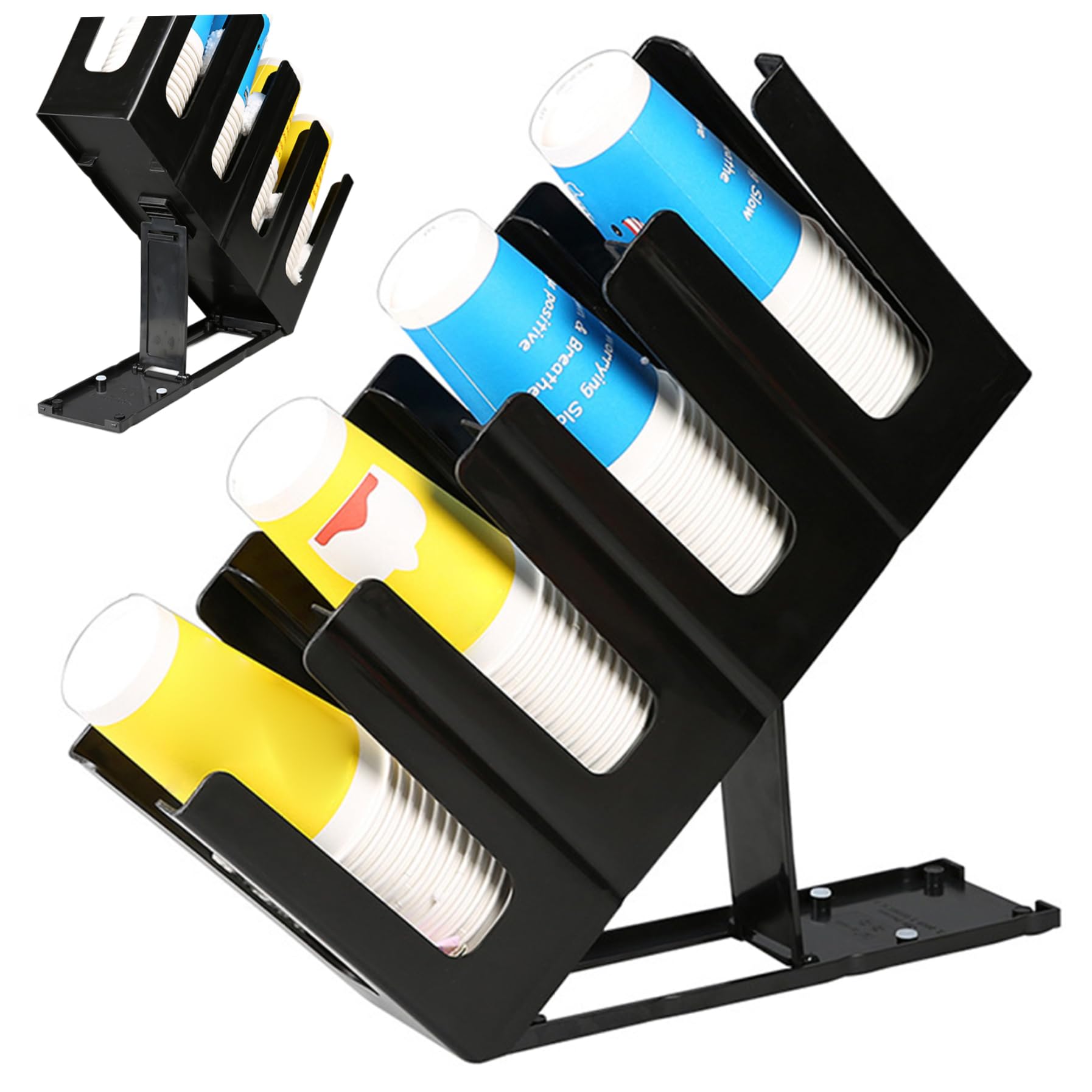 Portavasos de papel 18x5x9.5 Portavasos desechables de plástico negro con 4 compartimentos con base ajustable para ajuste de altura para restaurante, oficina, habitación de invitados, cafetería