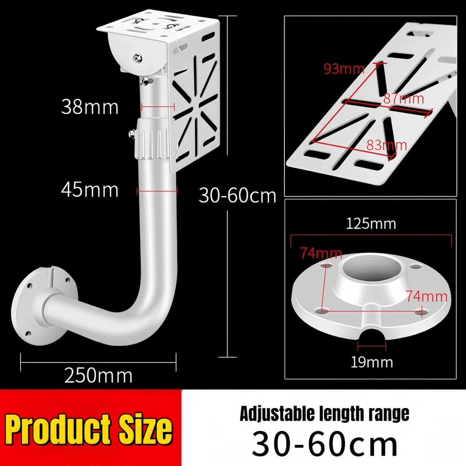 Adjustable Aluminum L-Shaped Security Camera Wall Mount - 38/45mm Tube, 30-60cm Length, Heavy-Duty Indoor/Outdoor Bracket for Dome/IP/PTZ Cameras, Home Surveillance