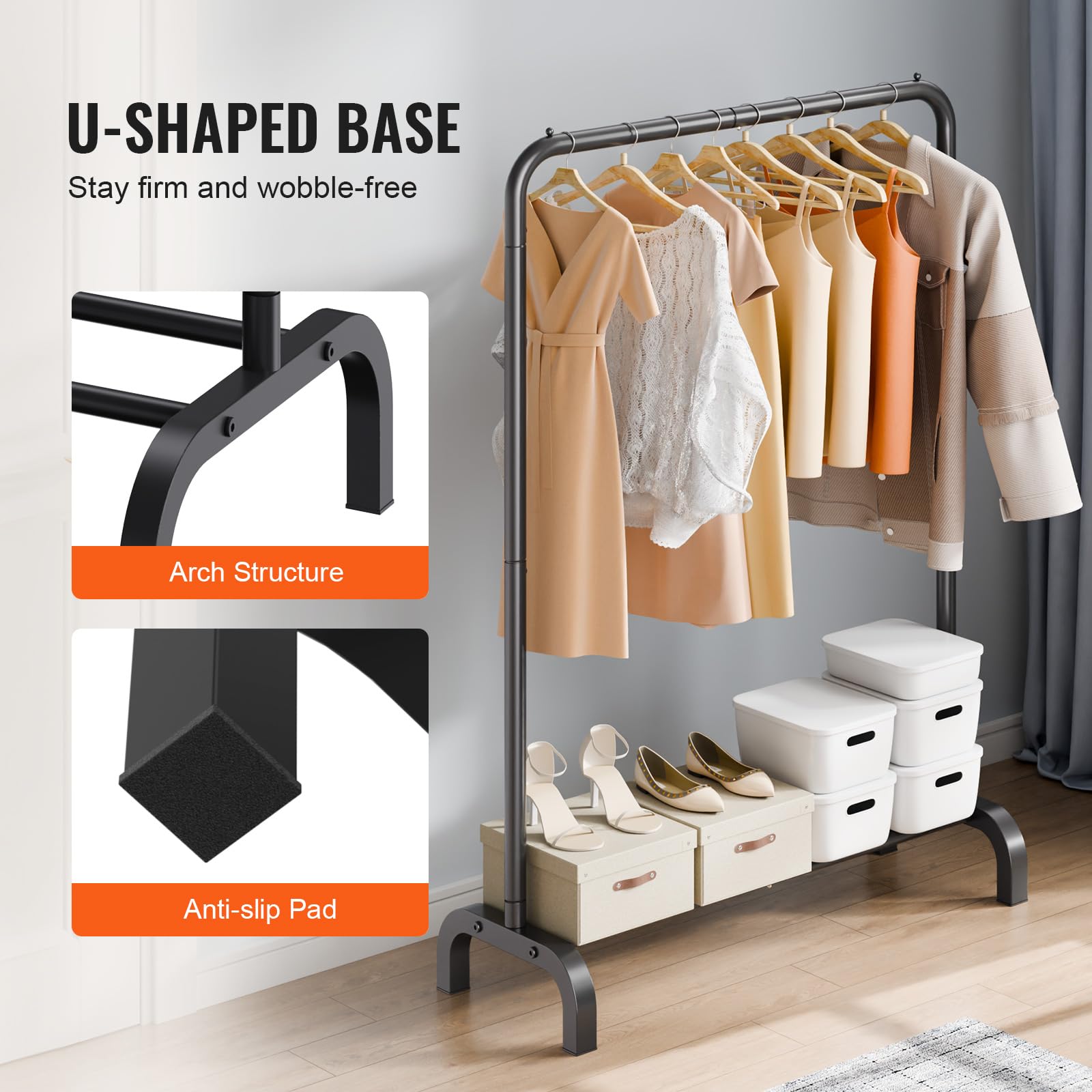 VEVOR Stand Appendiabiti Barra Singola Ripiano Singolo da Appendere per Camera da Letto Soggiorno, Appendiabiti in Acciaio al Carbonio Q235 Diametro del Tubo 25,4 mm, Stand Appendiabiti Peso di 2,9 kg