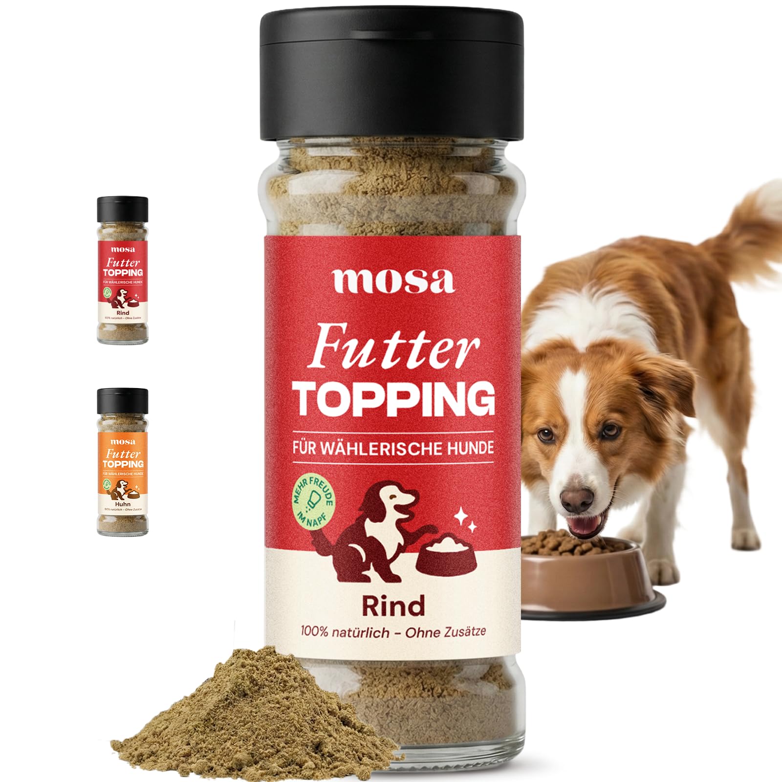 MOSA Futtertopping für wählerische Hunde (Rind) – Natürliche Fresshilfe & Geschmacks-Booster Pulver – 100% Rind ohne Getreide – Zum Aufwerten von Trocken- & Nassfutter – Made in Germany