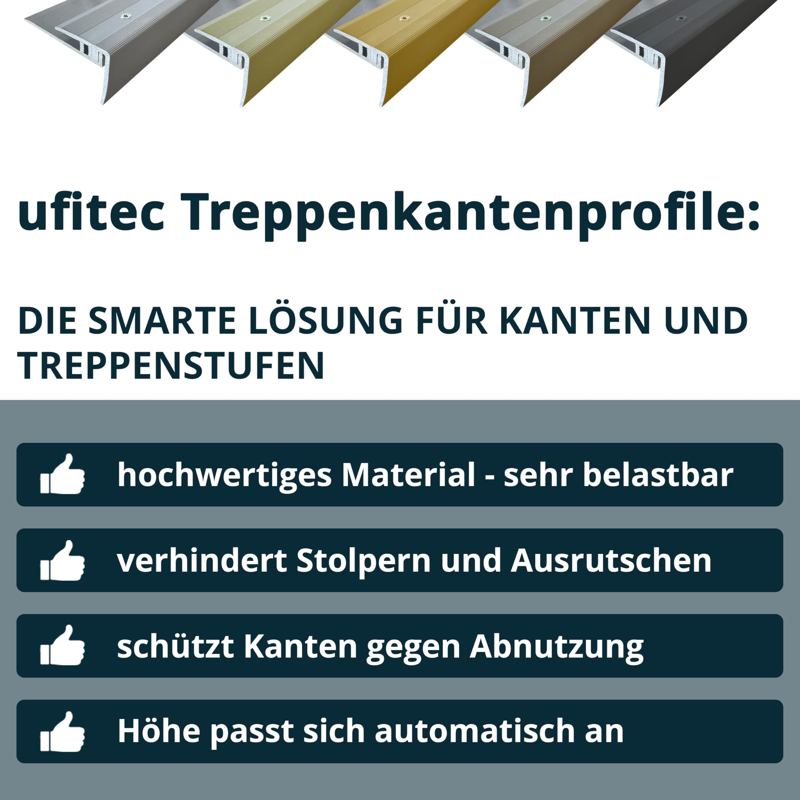 ufitec® Profi Smart Profilsystem für Vinylböden - geeignet für Belagshöhen von 5-9 mm - ALU eloxiert (Treppenkantenprofil | Länge: 270 cm, Silber)