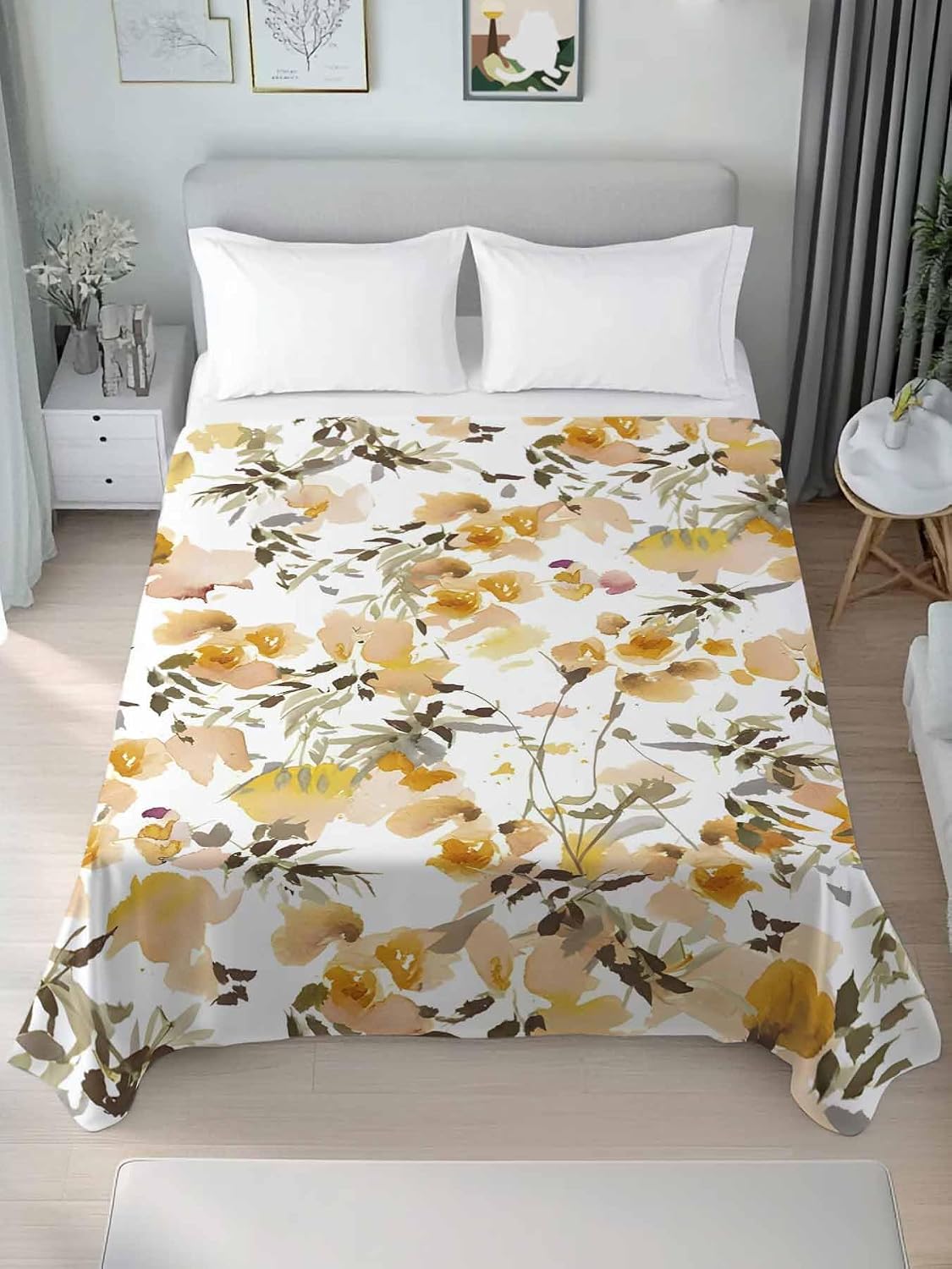 Top Sheet Full Bedding Flat Sheet Only, Pastoral Wild Flower Botanical Microfiber Bed Sheets Soft Breathable Bedding Flat Sheets, Summer Watercolor Floral Hotel Luxury Top Sheets