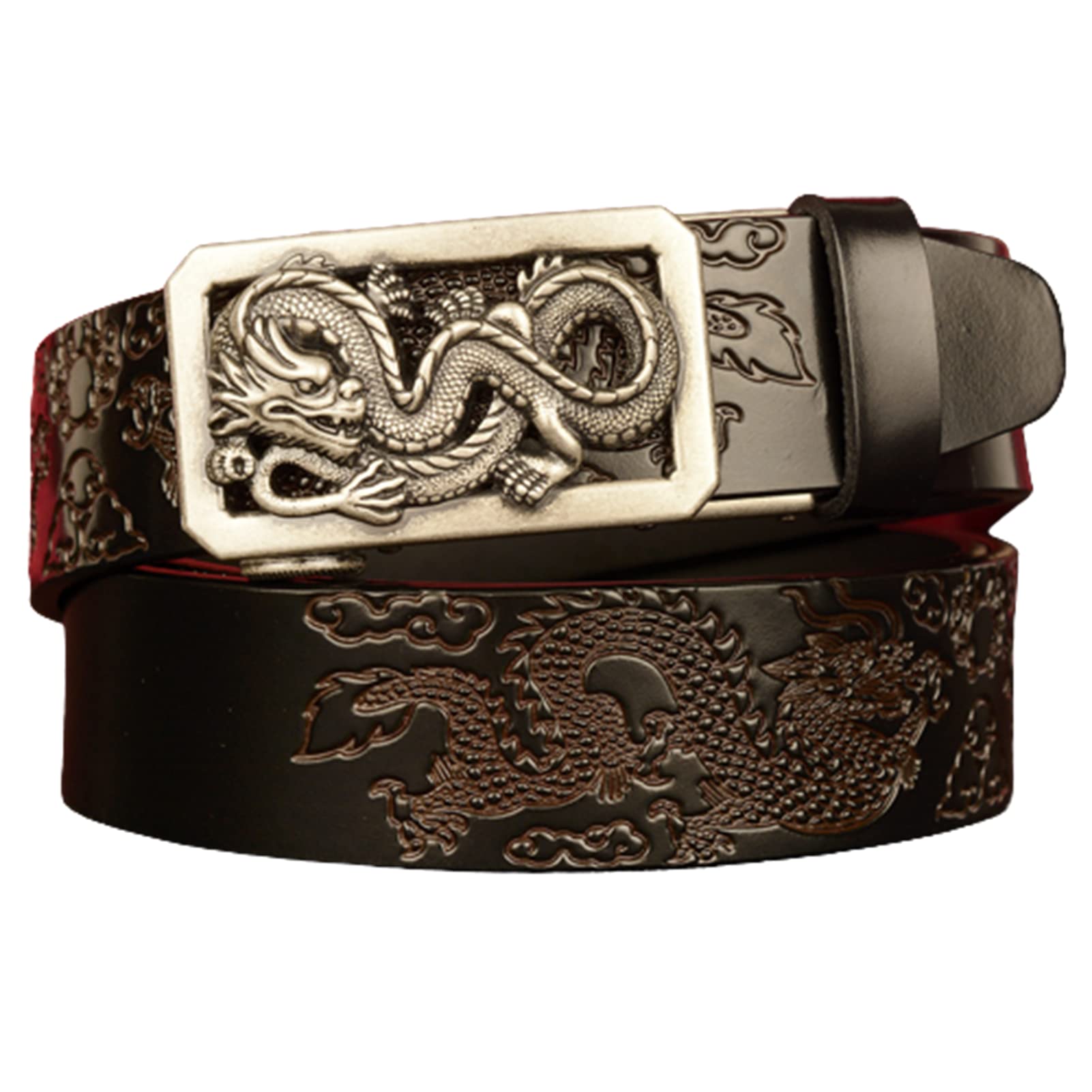 Cinturón Unisex Con Trinquete En Relieve, Diseño De Dragón Plateado Y Hebilla Deslizante Automática Ajustable