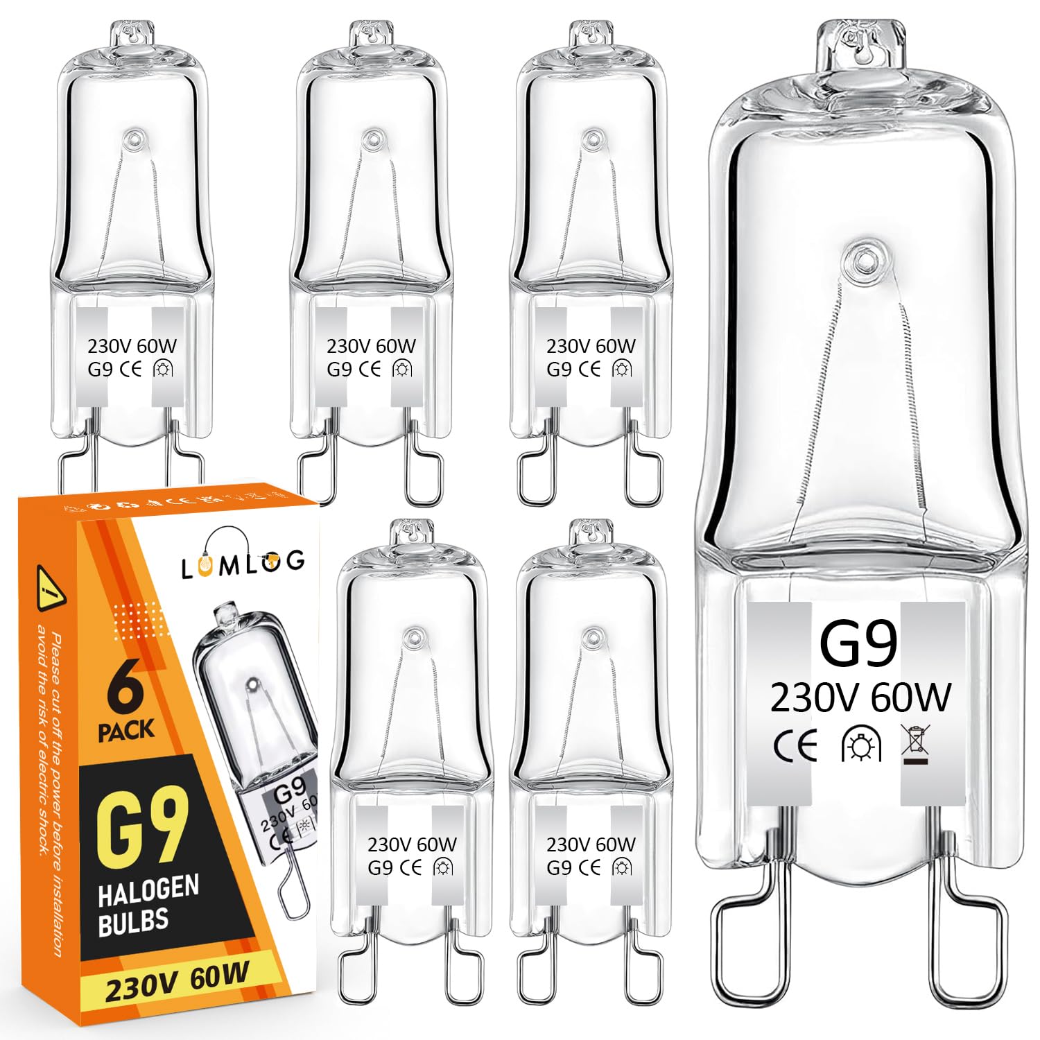 Lumlog 6 Pack Halogen Light Bulbs, G9 60W Halogen Bulbs, 2800K Warm White G9 230V 680lm Dimmable Capsule Bulbs, Non-Flicker [Energy Class G] (6Pcs)