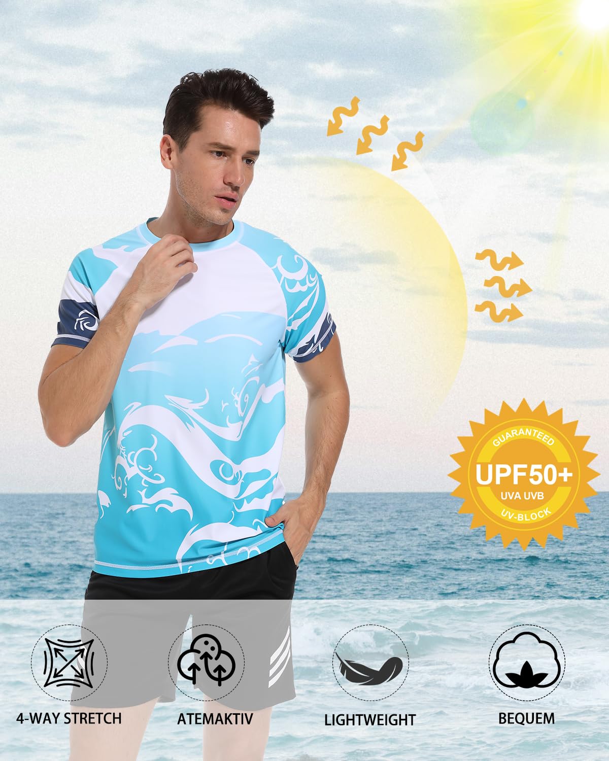 Rashguard UPF 50+ - Maglietta a maniche corte da uomo, ad asciugatura rapida, per sport acquatici, surf e pesca