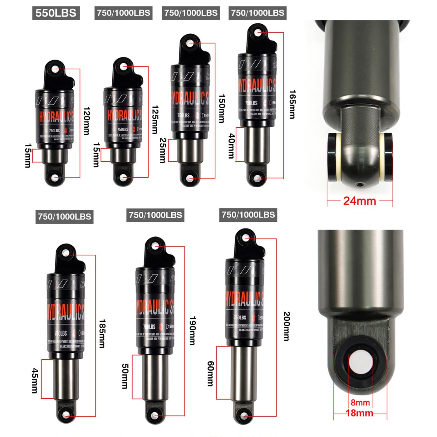 Amortiguador Trasero Bicicleta,Amortiguador Hidráulico 120mm 125mm 150mm 165mm 185mm 190mm 200mm, Suspensión Trasera Bici para Montaña,Scooter,Patinete Electrico,ebike,Eléctrica,165x750Lbs.